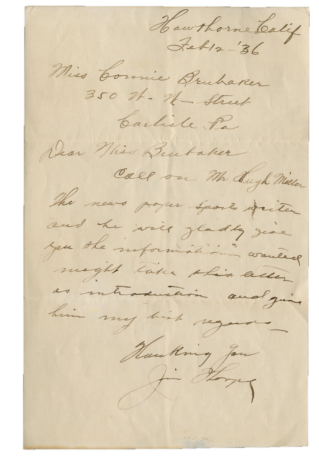 Football - 1936 Jim Thorpe Handwritten Letter (PSA)
