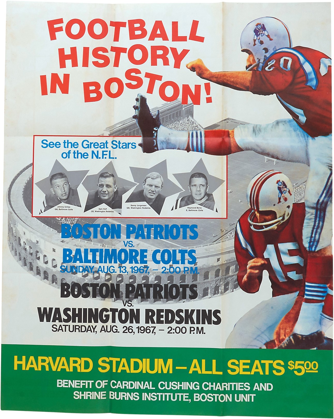 1967 Boston Patriots vs. Colts & Redskins NFL 'Doubleheader' Advertising  Poster