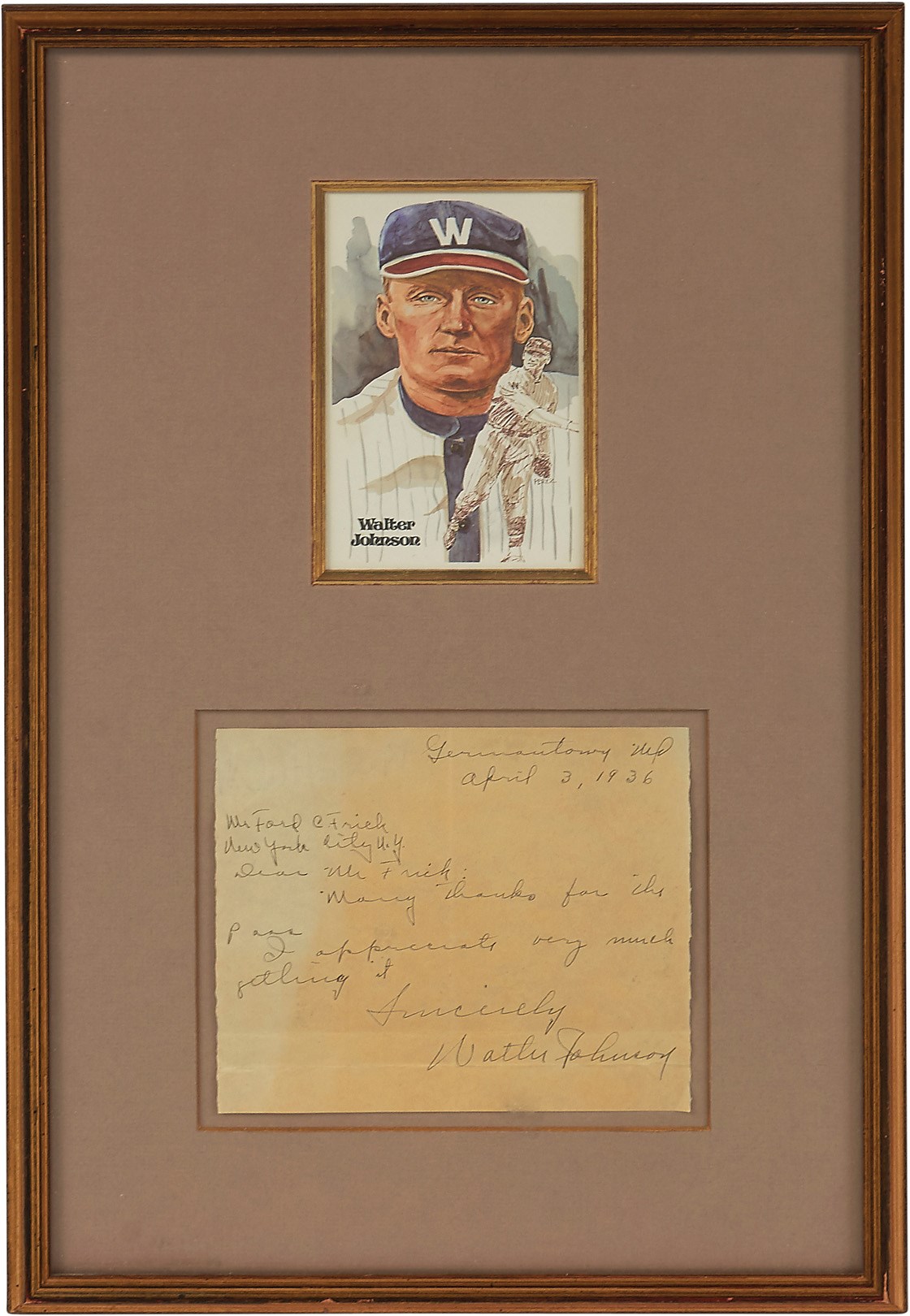1936 Walter Johnson "Thank You" Letter to NL President Ford Frick (PSA)