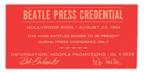 Beatles Tickets - August 23, 1964 Press Credential