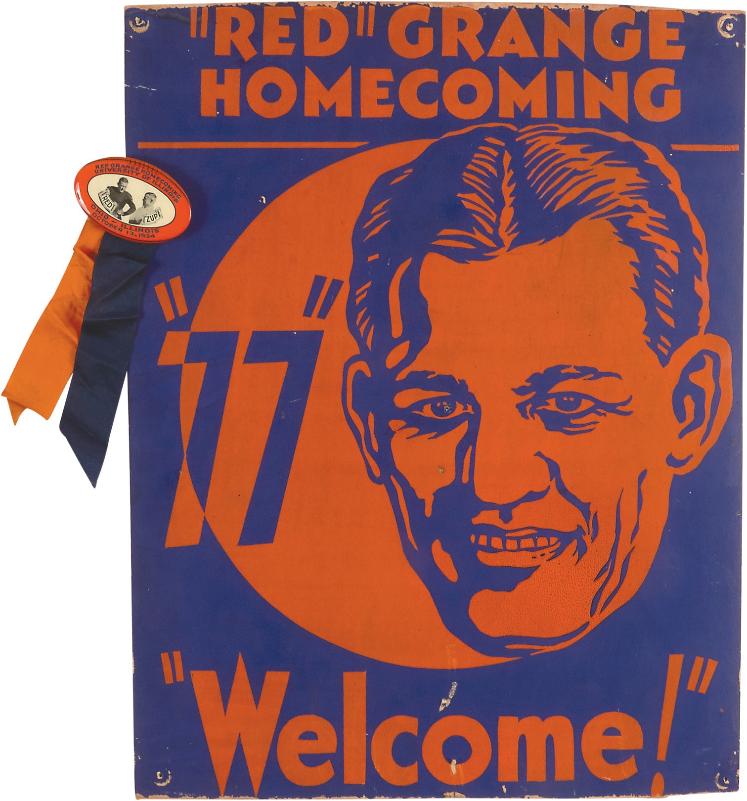 Rare 1934 Red Grange Homecoming Poster & Pin (2)