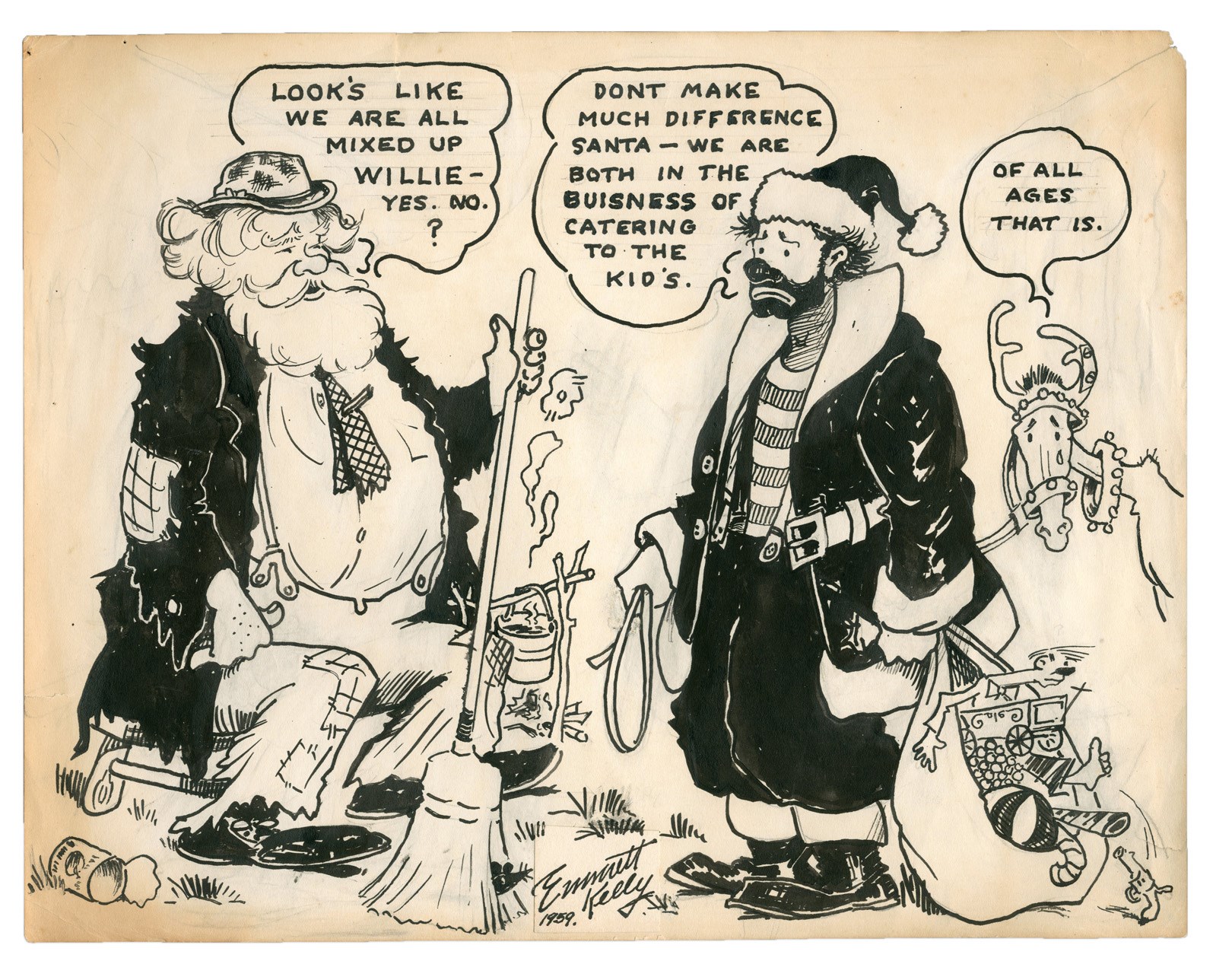 1959 "Santa & Weary Willie" Christmas Card Artwork by Emmett Kelly