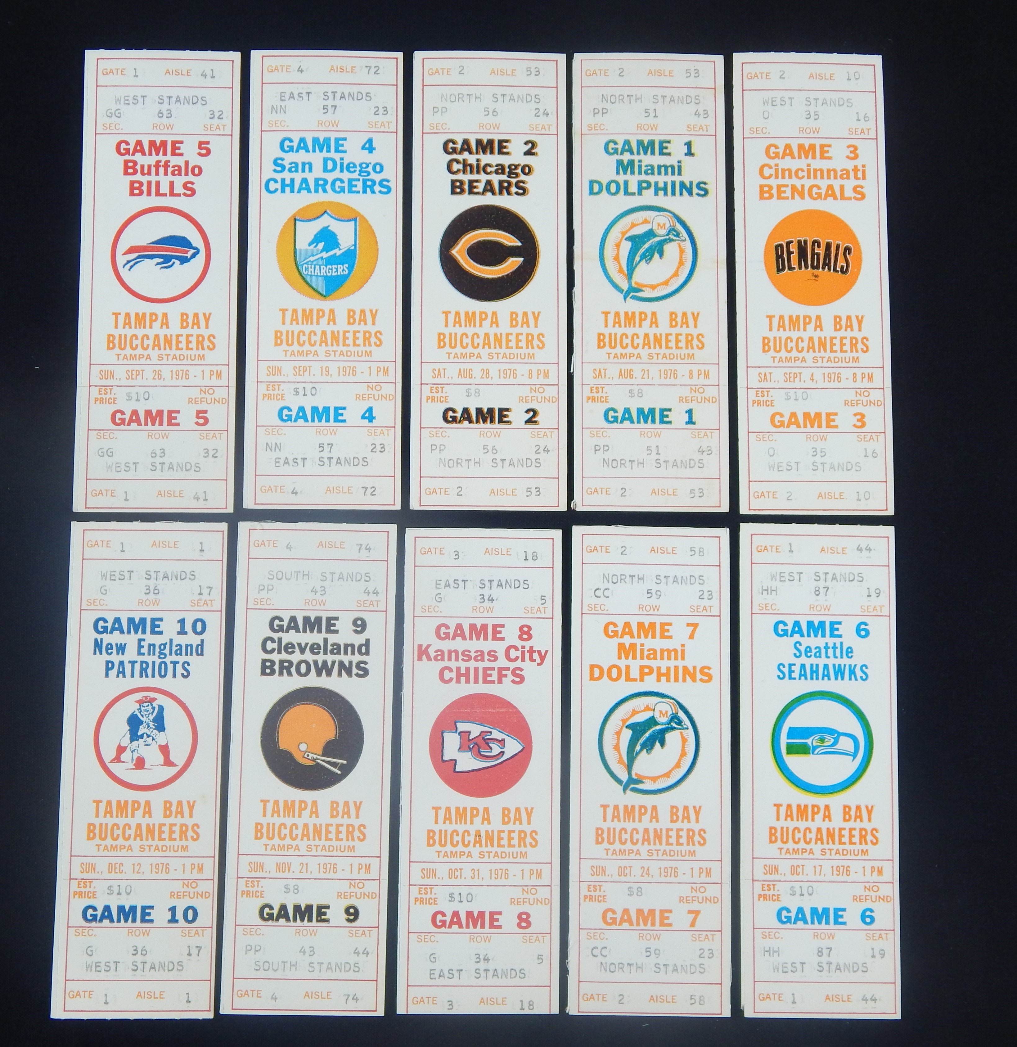 Tickets, Publications & Pins - 1976 Tampa Bay Buccaneers Unused Home Games Tickets 1-10