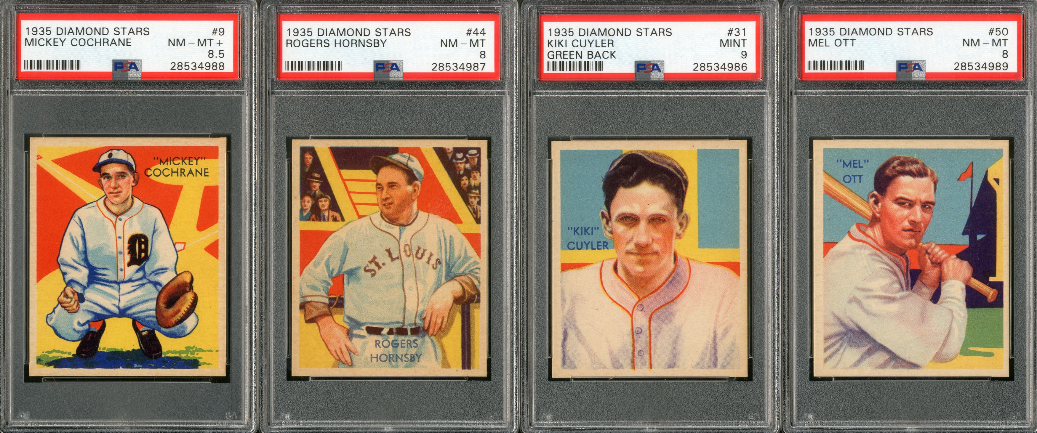 Baseball and Trading Cards - 1935 Diamond Stars HIGH GRADE Collection - Cuyler, Ott, Cochrane & Hornsby (PSA Graded 8-9)