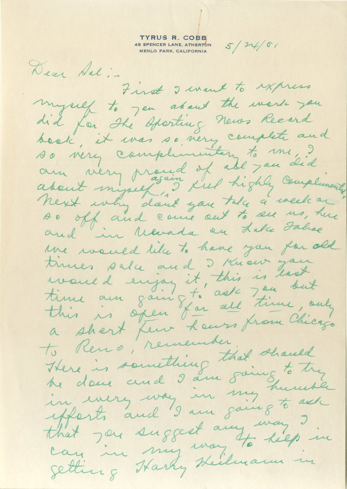 Ty Cobb and Detroit Tigers - 1951 Ty Cobb Handwritten Letter Lobbying for Harry Heilmann's Hall of Fame Induction (by Legendary Sportswriter H.G. Salsinger)