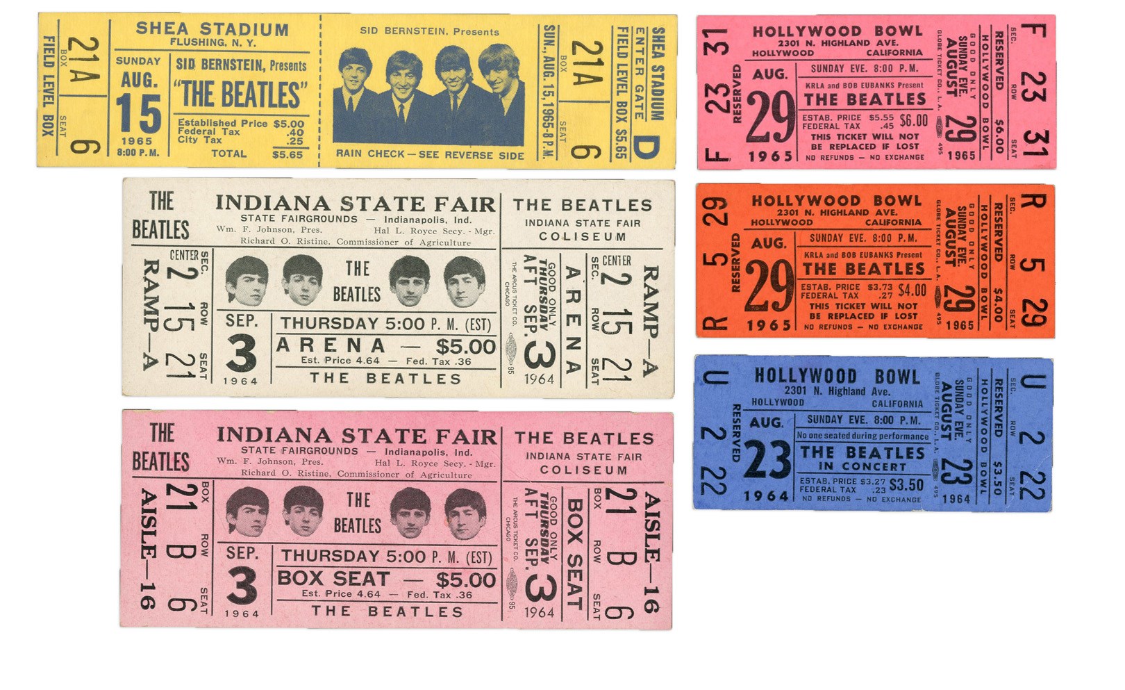 Rock And Pop Culture - 1964-65 Beatles Full Ticket Collection w/RARE 1965 Shea Stadium (6)