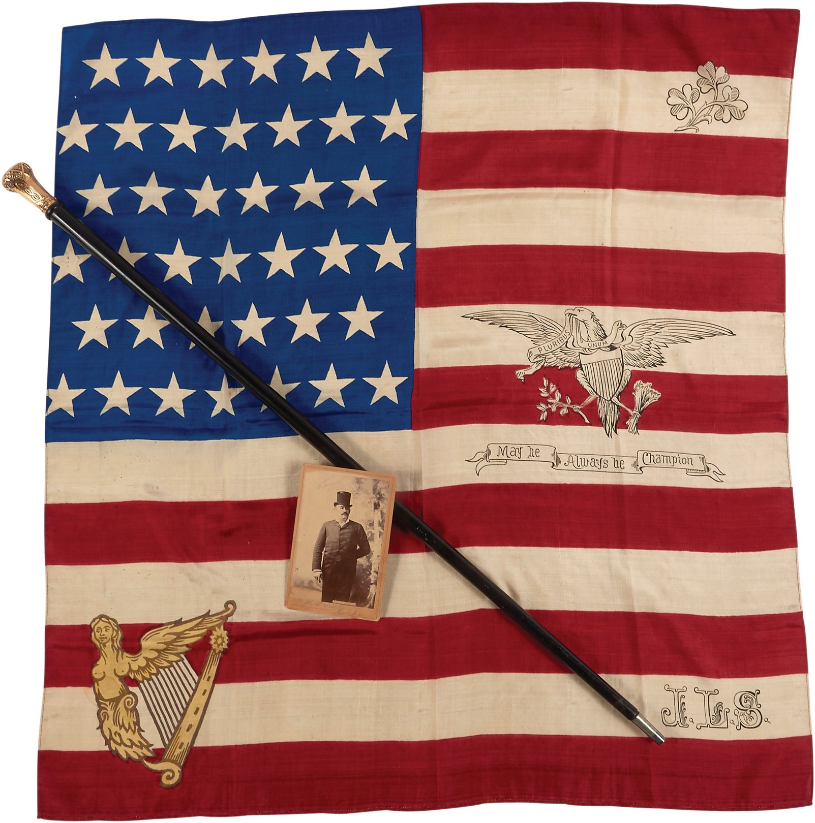 - 1880s John L. Sullivan Presentational Walking Stick, Silk Flag & Cabinet Photograph