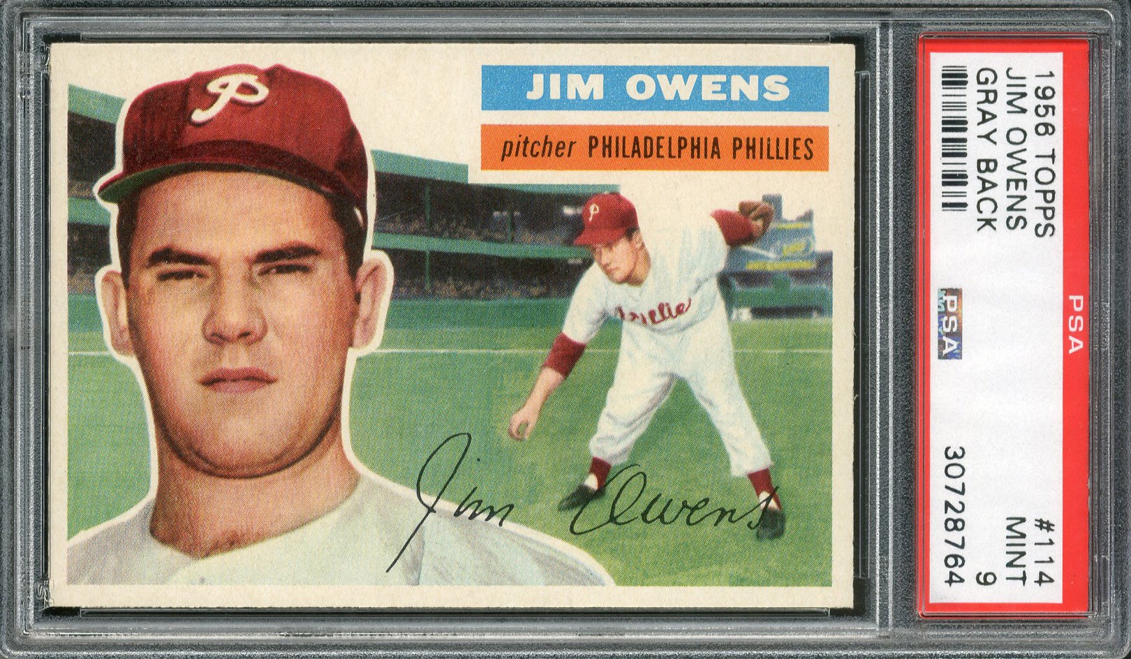 Baseball and Trading Cards - 1956 Topps #114 Jim Owens Gray Back PSA MINT 9