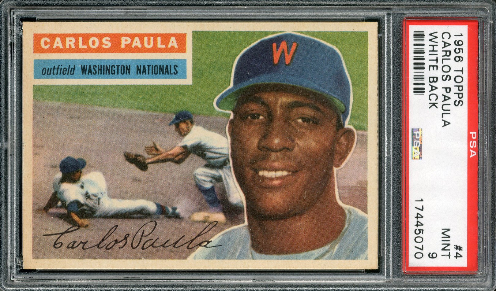 Baseball and Trading Cards - 1956 Topps #4 Carlos Paula White Back PSA MINT 9