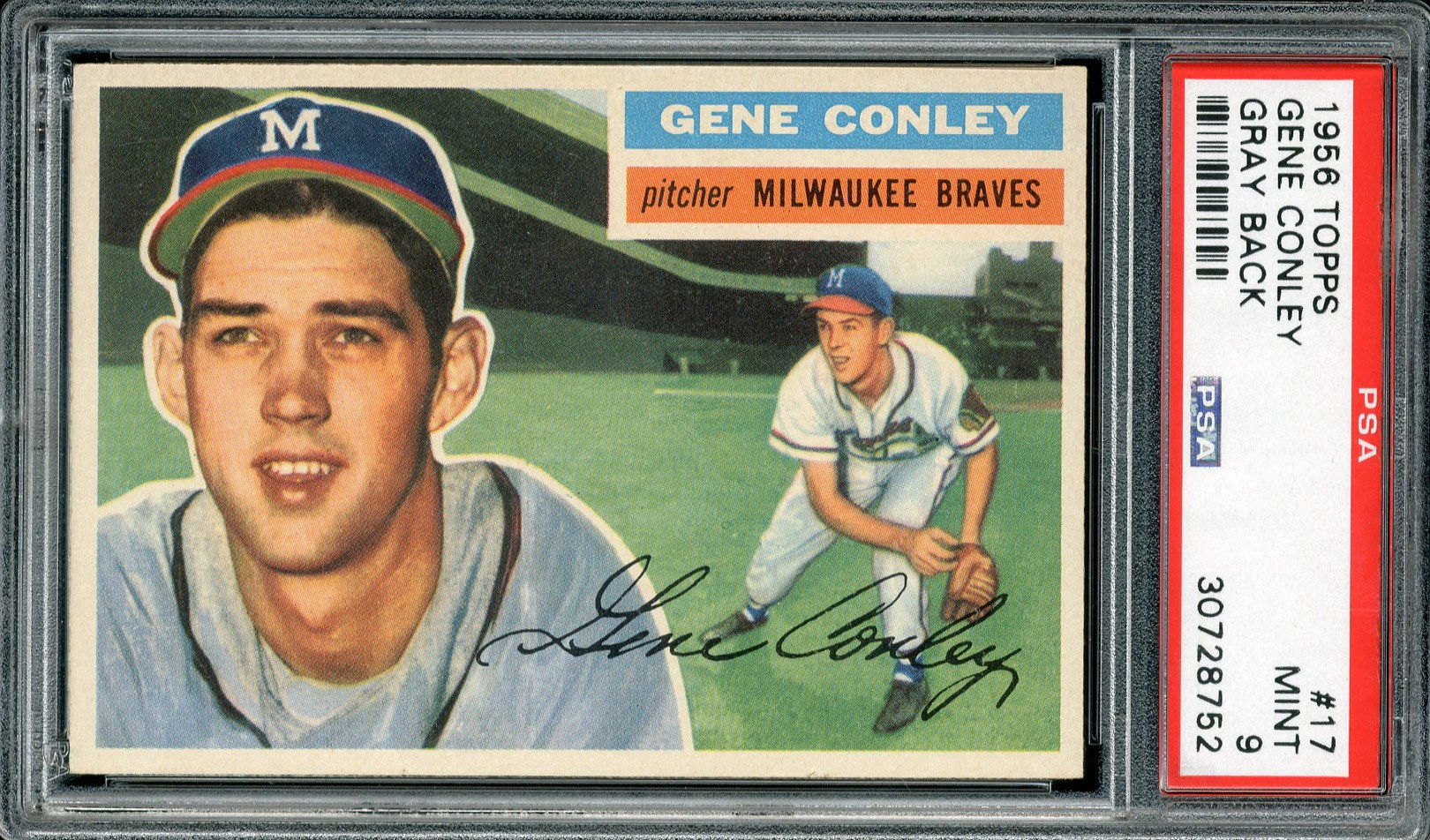 Baseball and Trading Cards - 1956 Topps #17 Gene Conley Gray Back PSA MINT 9