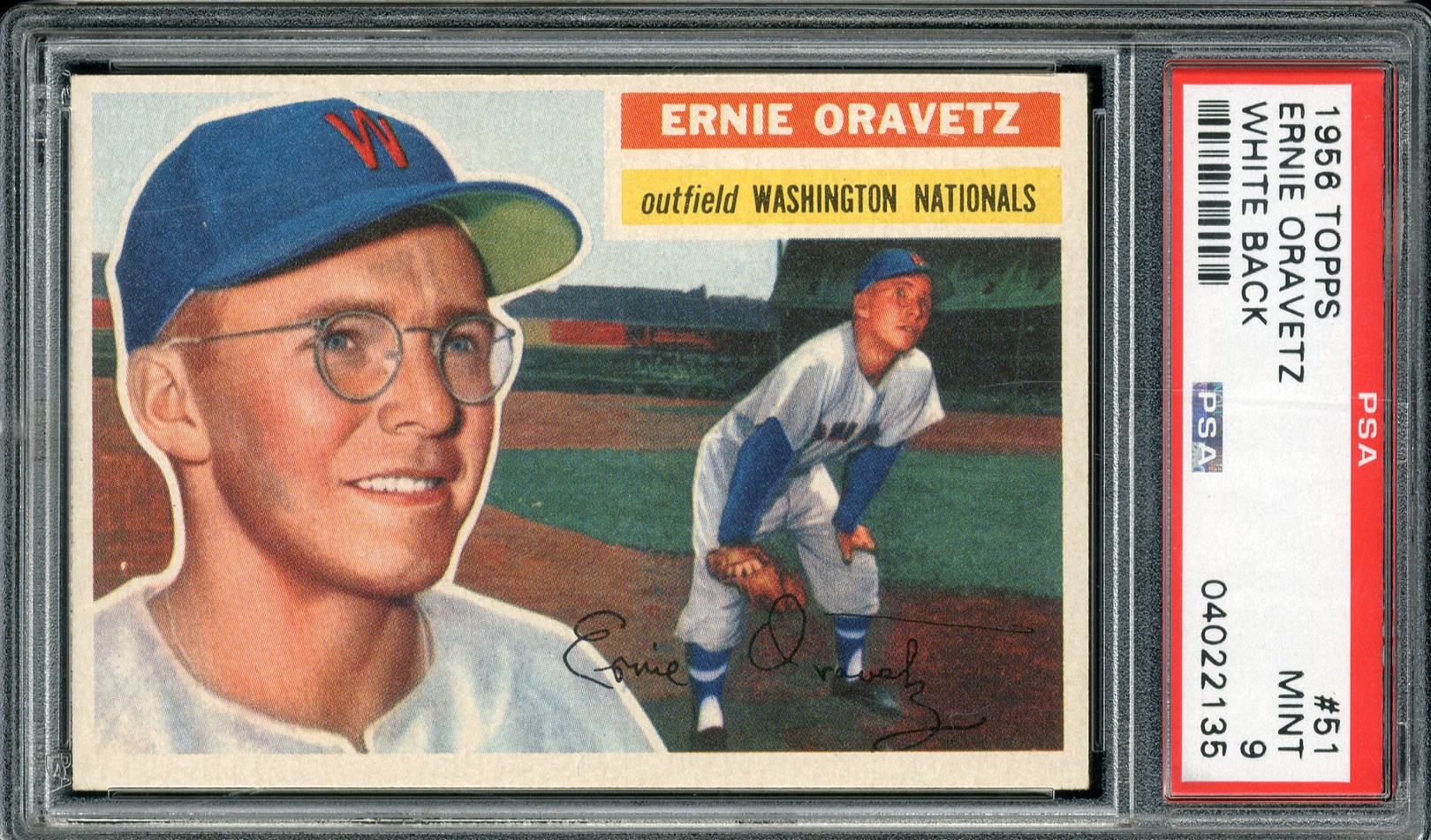 Baseball and Trading Cards - 1956 Topps #51 Ernie Oravetz White Back PSA MINT 9