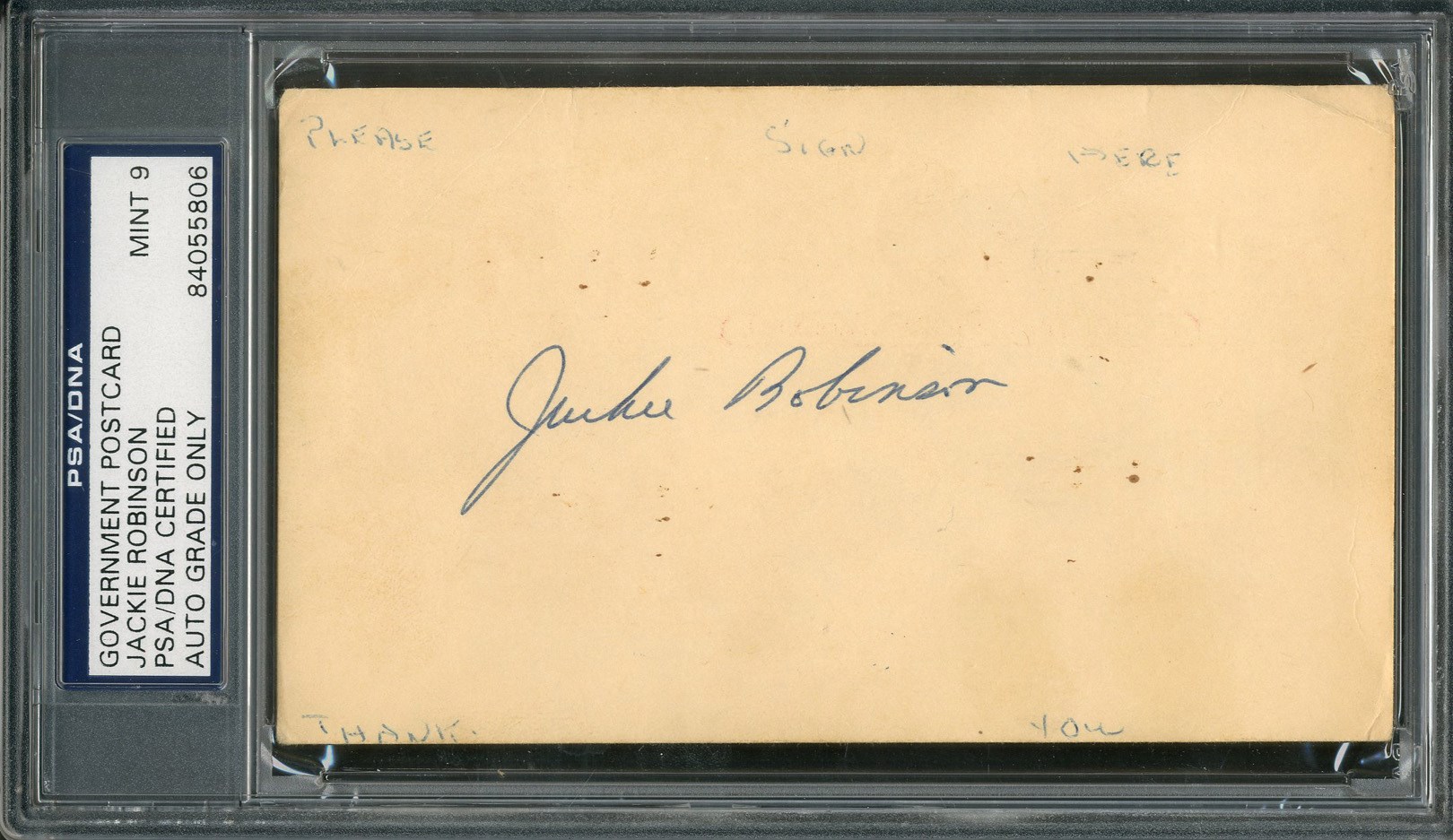 1954 Jackie Robinson Signed Government Postcard (PSA 9)