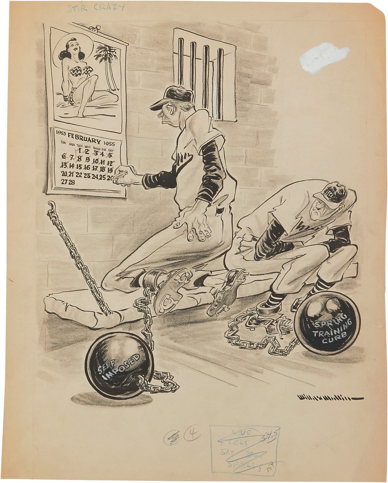 Sports Fine Art - 1955 Sporting News Original Art by Willard Mullin - Betty Page, Prison & Baseball