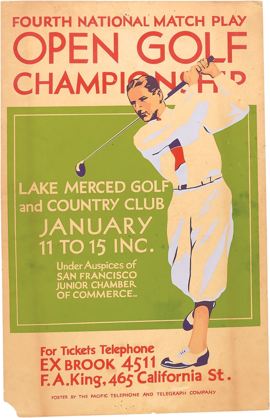 Olympics and All Sports - 1930s "Bobby Jones" Lake Merced Open Golf Championship Poster