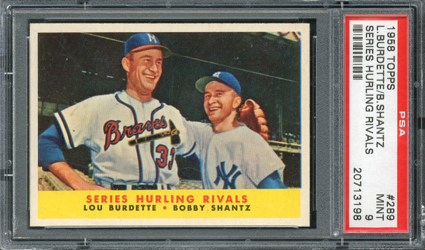 Baseball and Trading Cards - 1958 Topps #289 Series Hurling Rivals Burdette/Shantz PSA MINT 9
