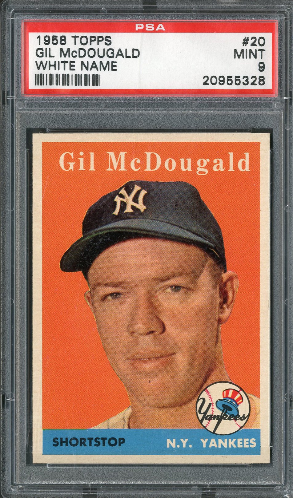 Baseball and Trading Cards - 1958 Topps #20 Gil McDougald (White Name) PSA MINT 9