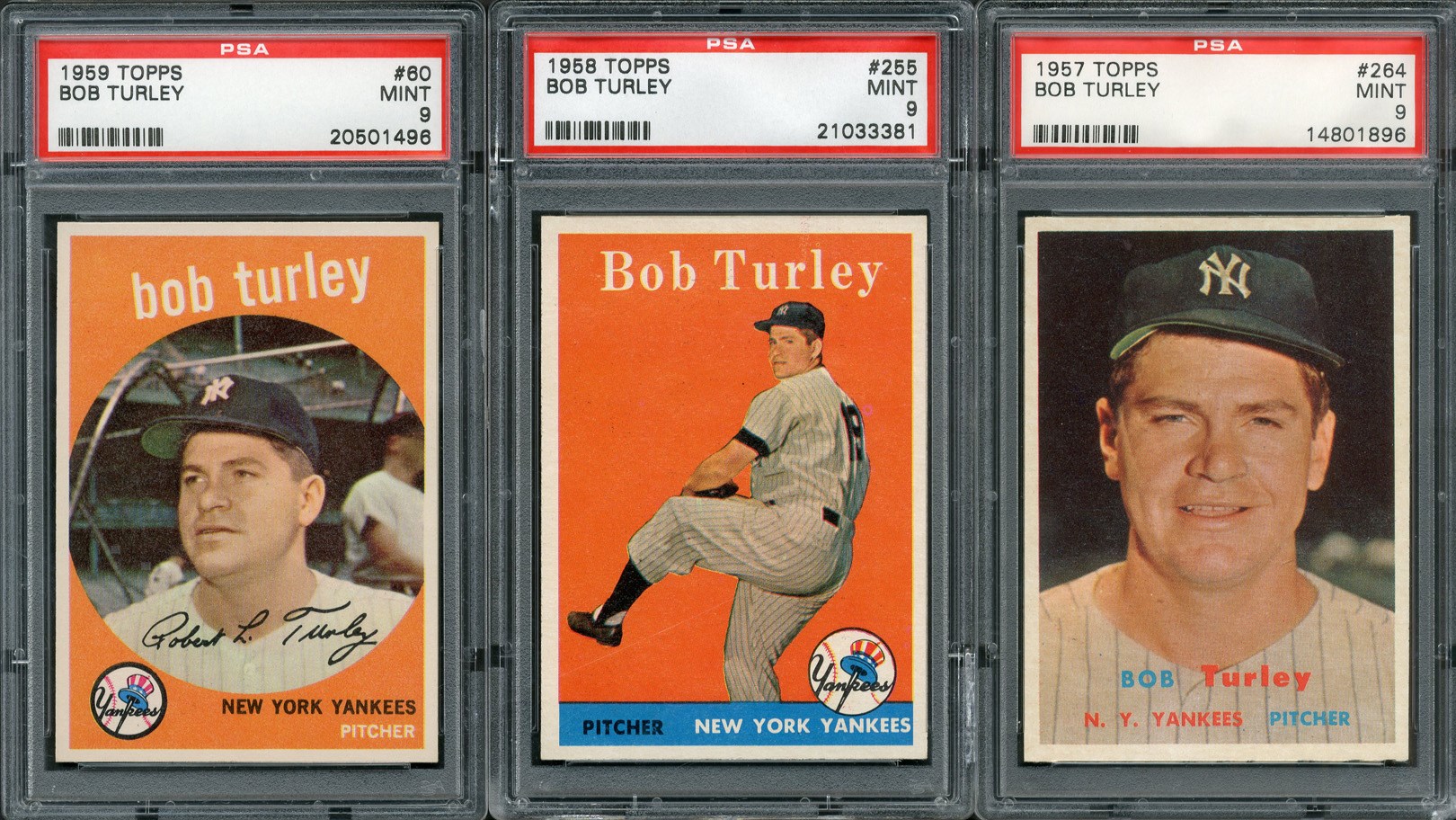 Baseball and Trading Cards - 1957, 58, 59 Topps Bob Turley (All PSA MINT 9)