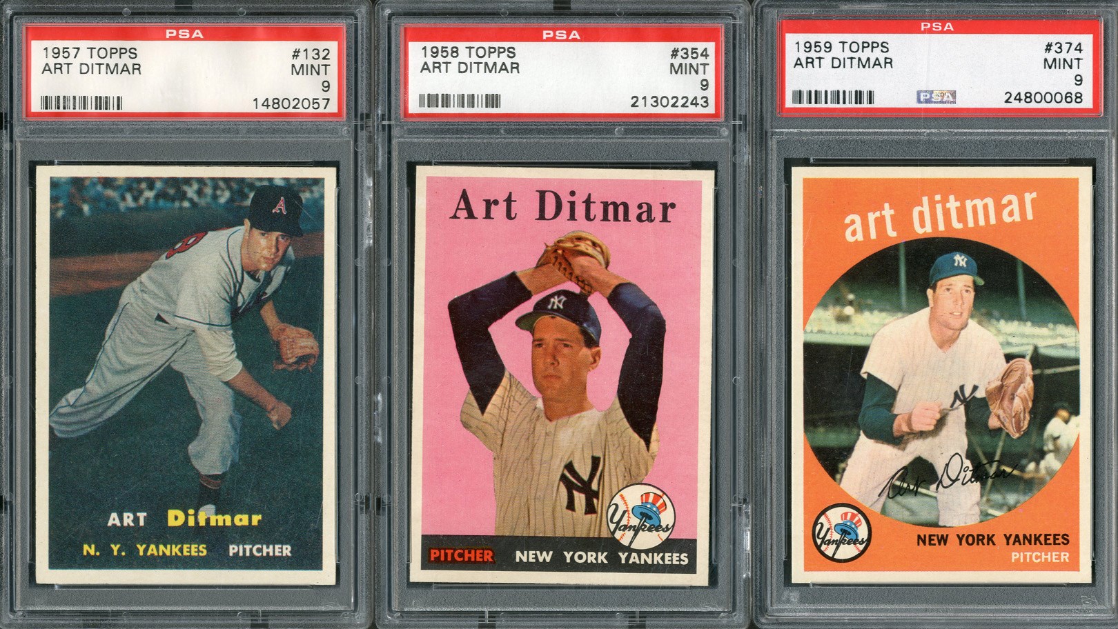 1957, 58, 59 Topps Art Ditmar (All PSA MINT 9)