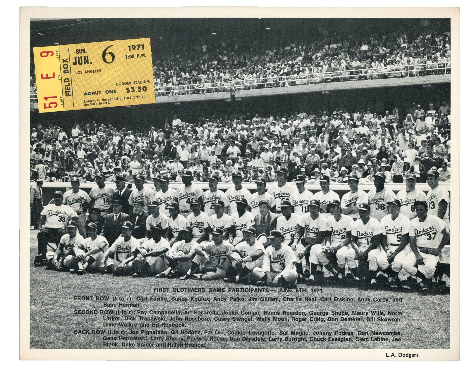 Jackie Robinson & Brooklyn Dodgers - First Ever Dodgers Old Timer's Game Ticket & Photo