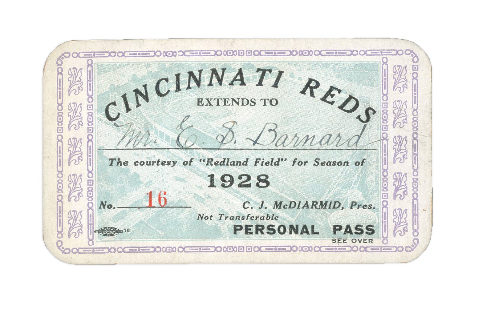 Pete Rose & Cincinnati Reds - 1928 Cincinnati Reds Pass Presented to President Ernest Barnard