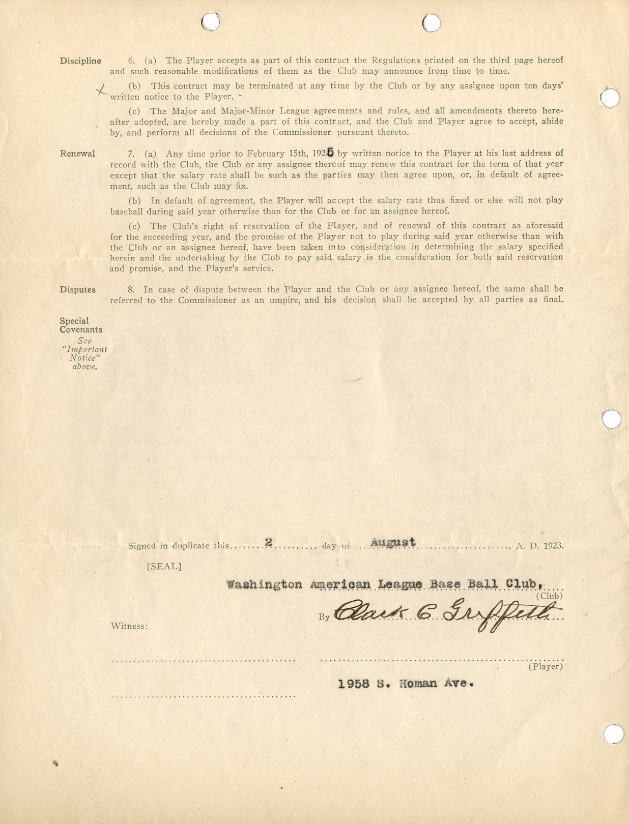 Baseball Autographs - 1924 Clark Griffith Signed Washington Senators Player Contract