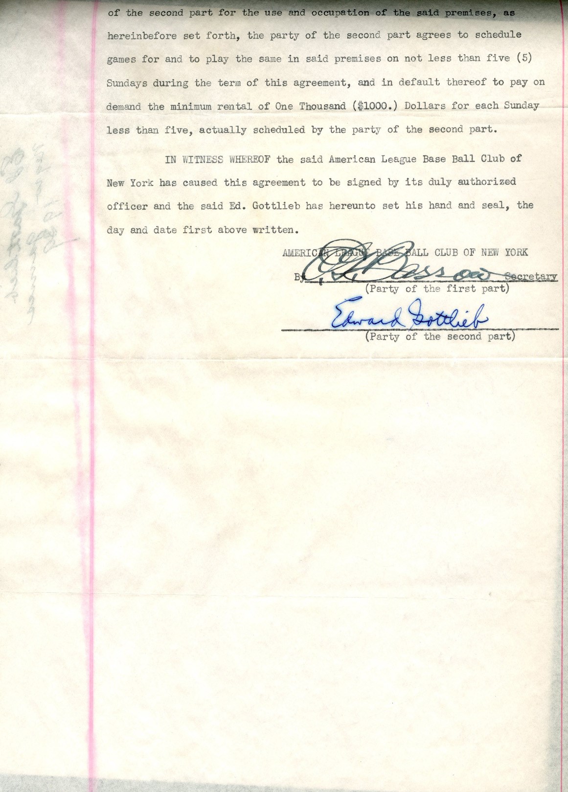 NY Yankees, Giants & Mets - 1938 Eddie Gottlieb New York Yankees Contract