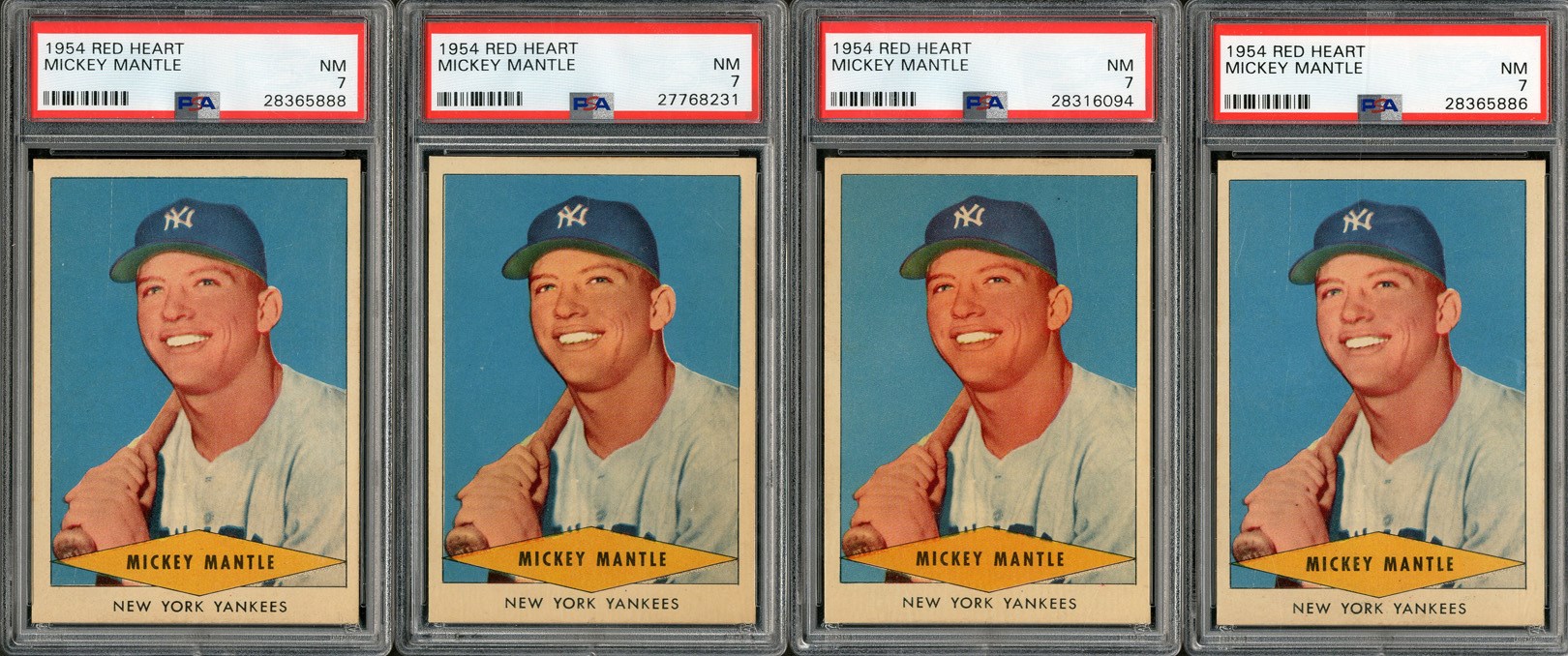 Baseball and Trading Cards - 1954 Red Heart Mickey Mantle Lot of FOUR PSA NM 7 cards