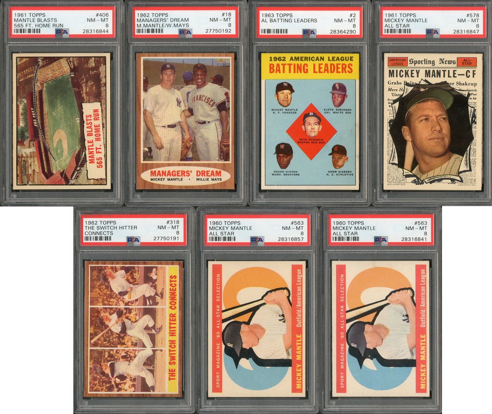 - 1960-1963 Topps Mickey Mantle PSA Graded NM-MT Lot of 7 Cards