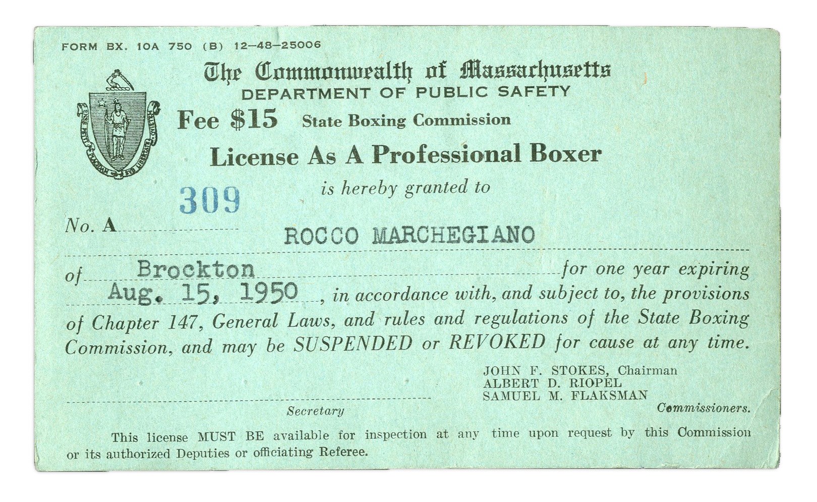 Rocky Marciano Boxing License (1949)