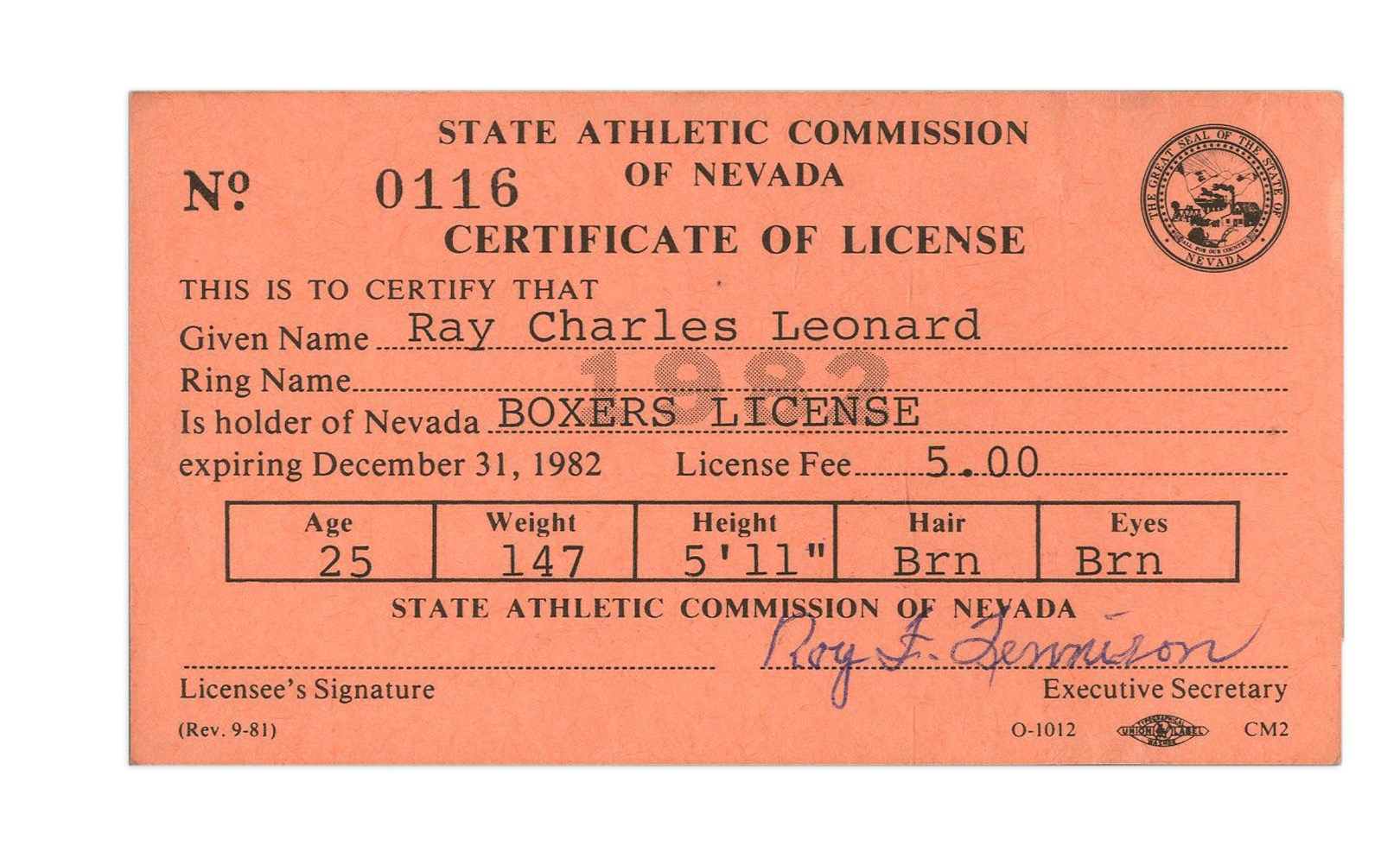 Muhammad Ali & Boxing - Sugar Ray Leonard Boxing License (1982)