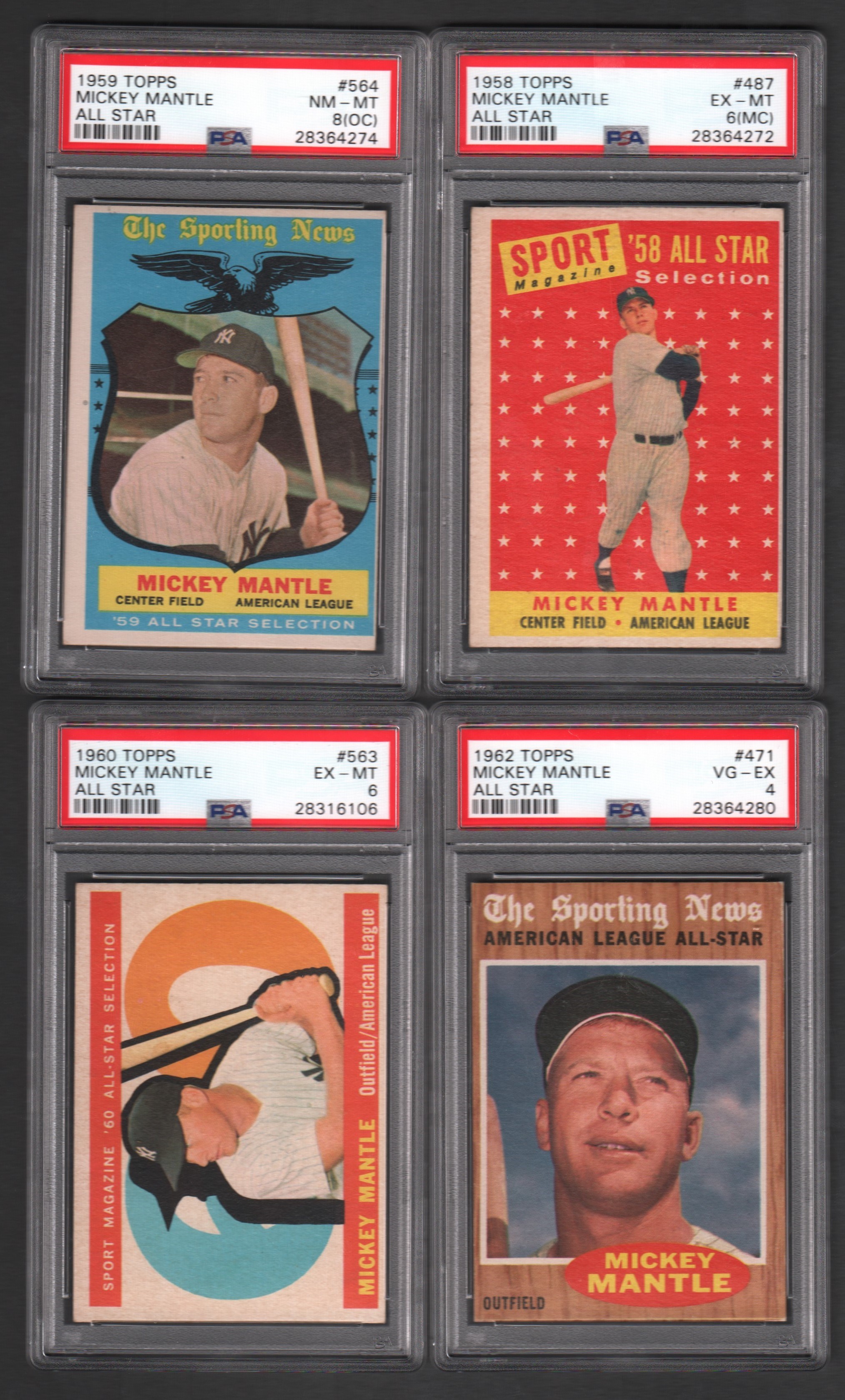 - 1958-62 Topps Mickey Mantle AS PSA Graded Collection of FOUR Cards