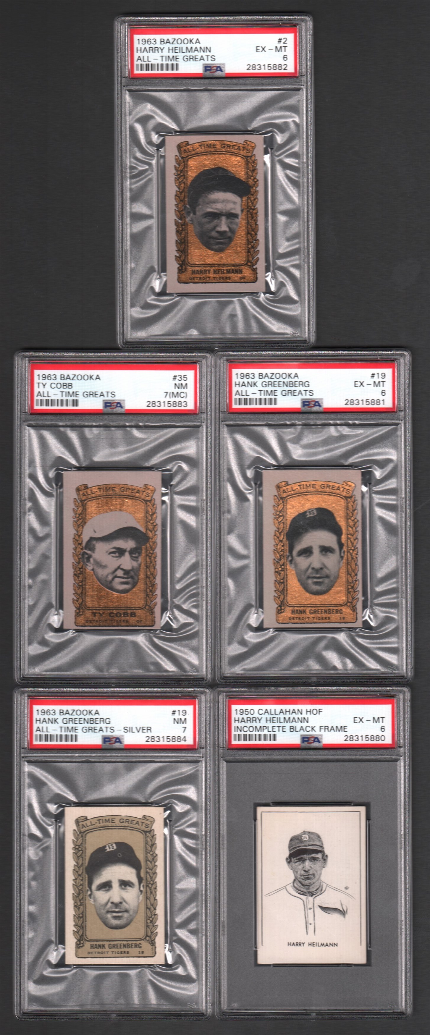 - 1950-1963 Detroit Tigers Oddball Lot of Five PSA Graded Cards with Hank Greenberg and Ty Cobb