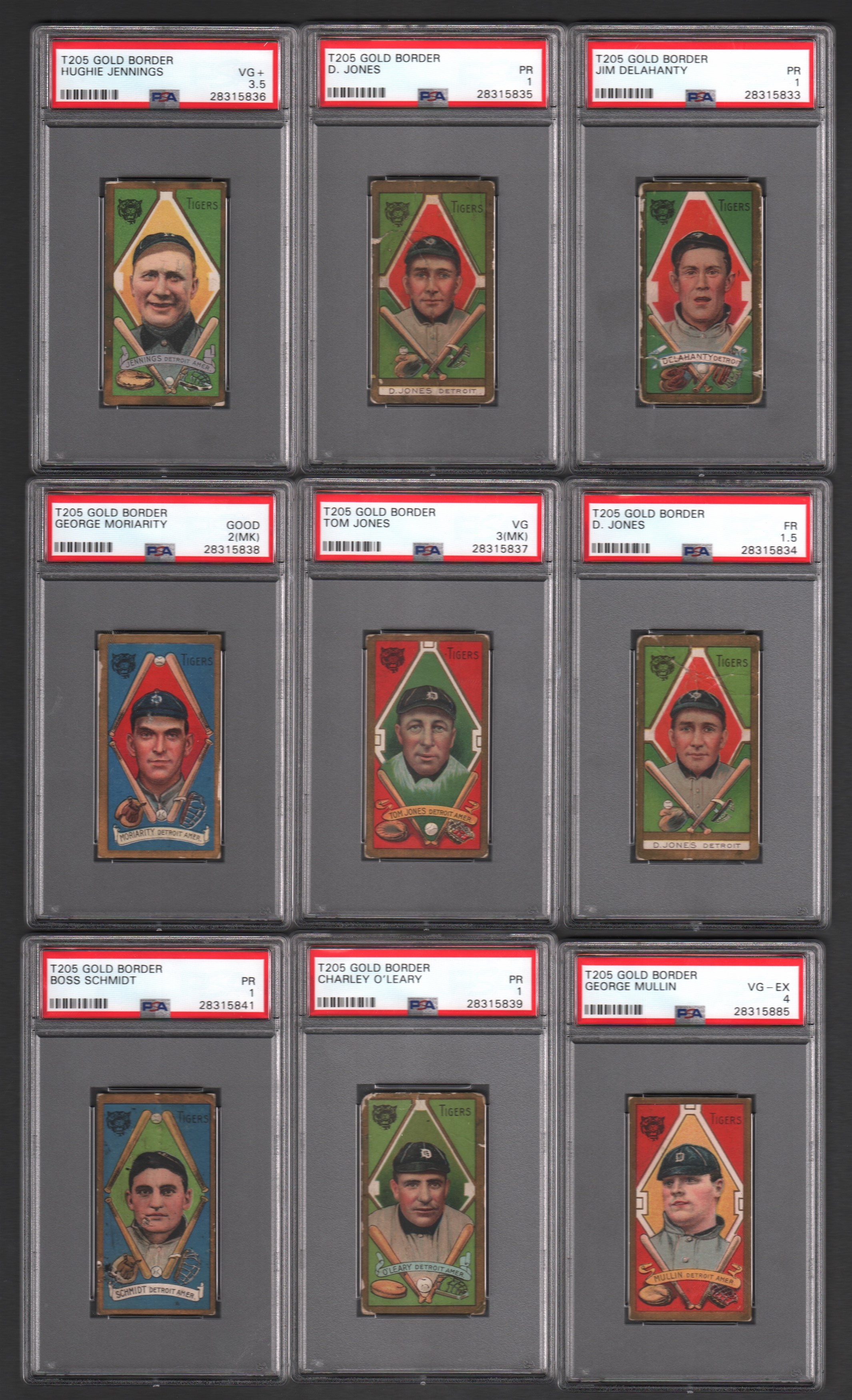 - T205 Gold Border Detroit Tigers Collection of 13 Cards with Hughie Jennings