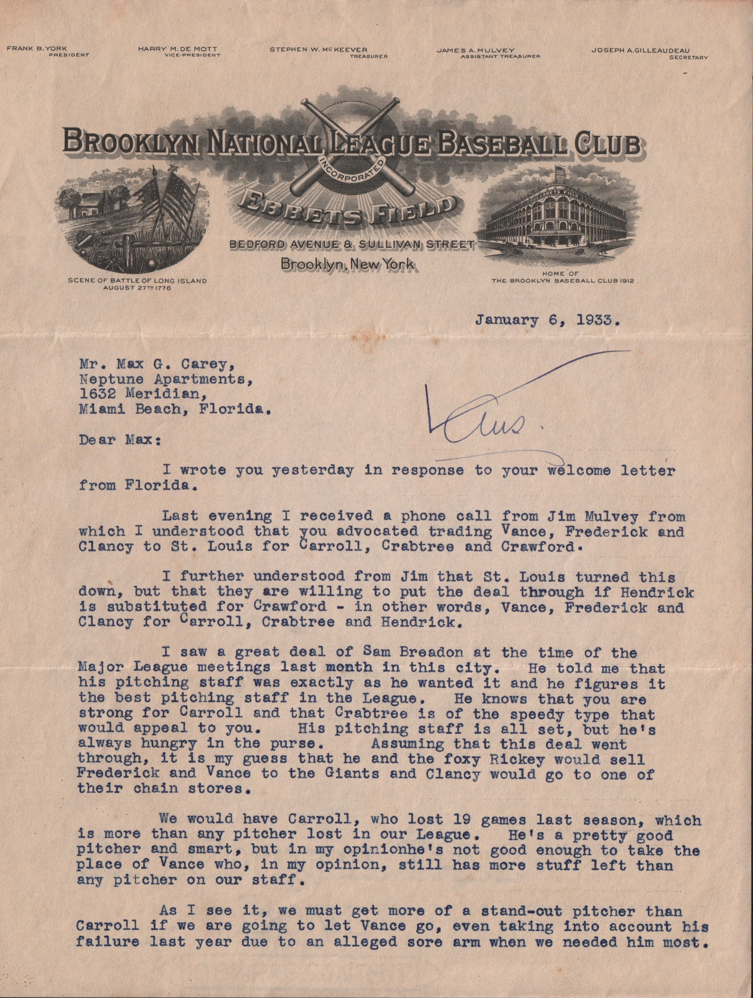- 1933 Brooklyn Dodgers Letter to Max Carey