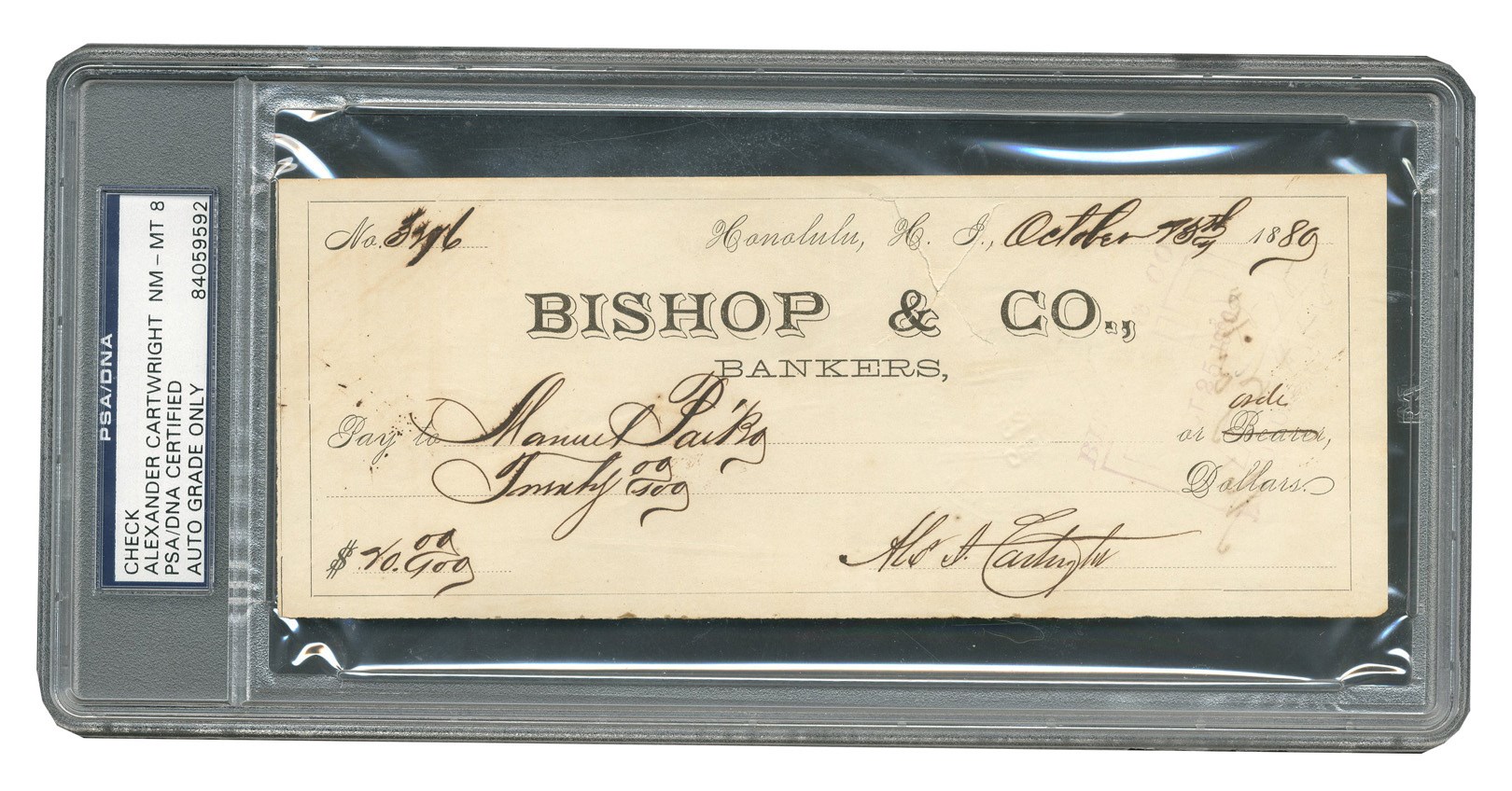 - 1880 Alexander Cartwright Signed Bank Check (PSA 8)
