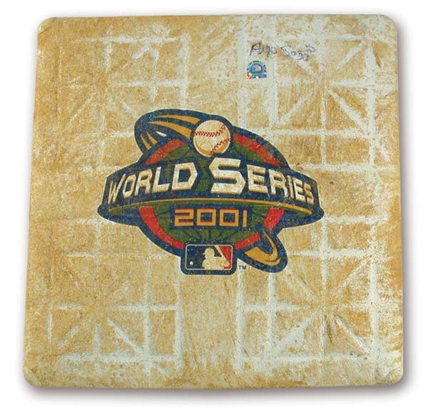 NY Yankees, Giants & Mets - 2001 World Series Game Five Used First Base Signed by Soriano