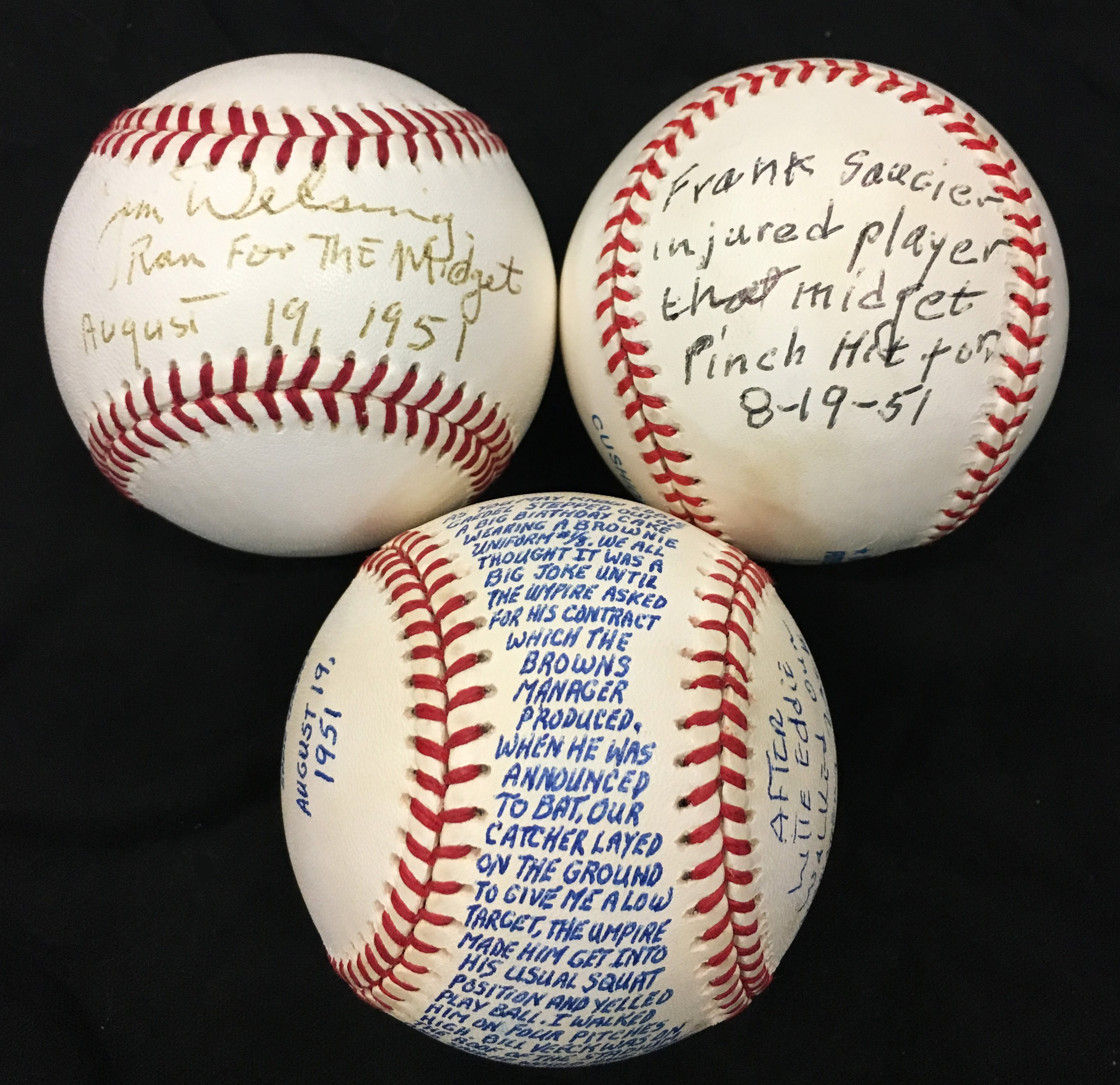 Baseball Autographs - Eddie Gaedel Signed Story Baseballs (3)
