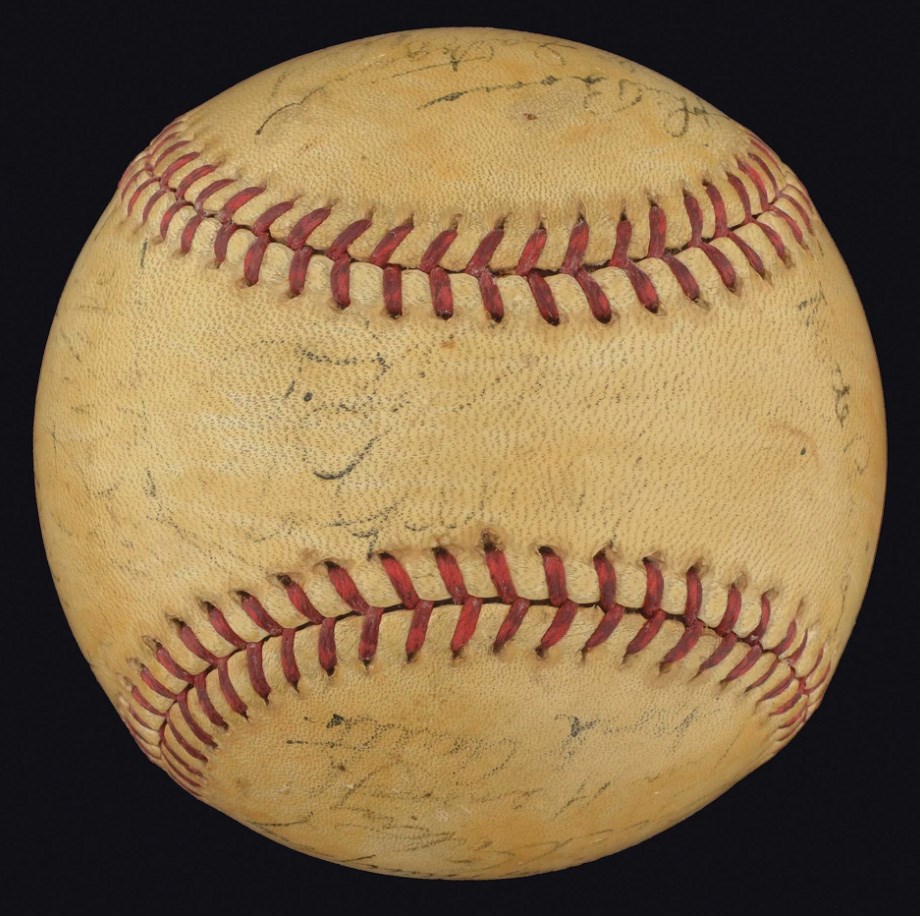NY Yankees, Giants & Mets - 1936 World Champion New York Yankees Team Signed Baseball w/Gehrig & DiMaggio on Sweet Spot (JSA)