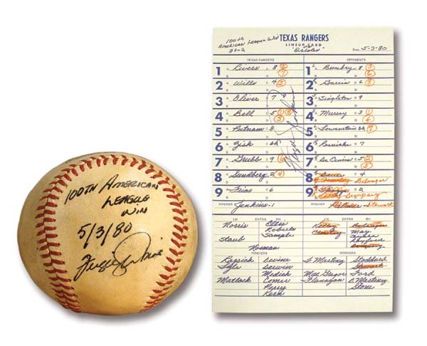 Game Used Baseballs - 1980 Fergie Jenkins 100th American League Win Game Used Baseball & Line-up Card