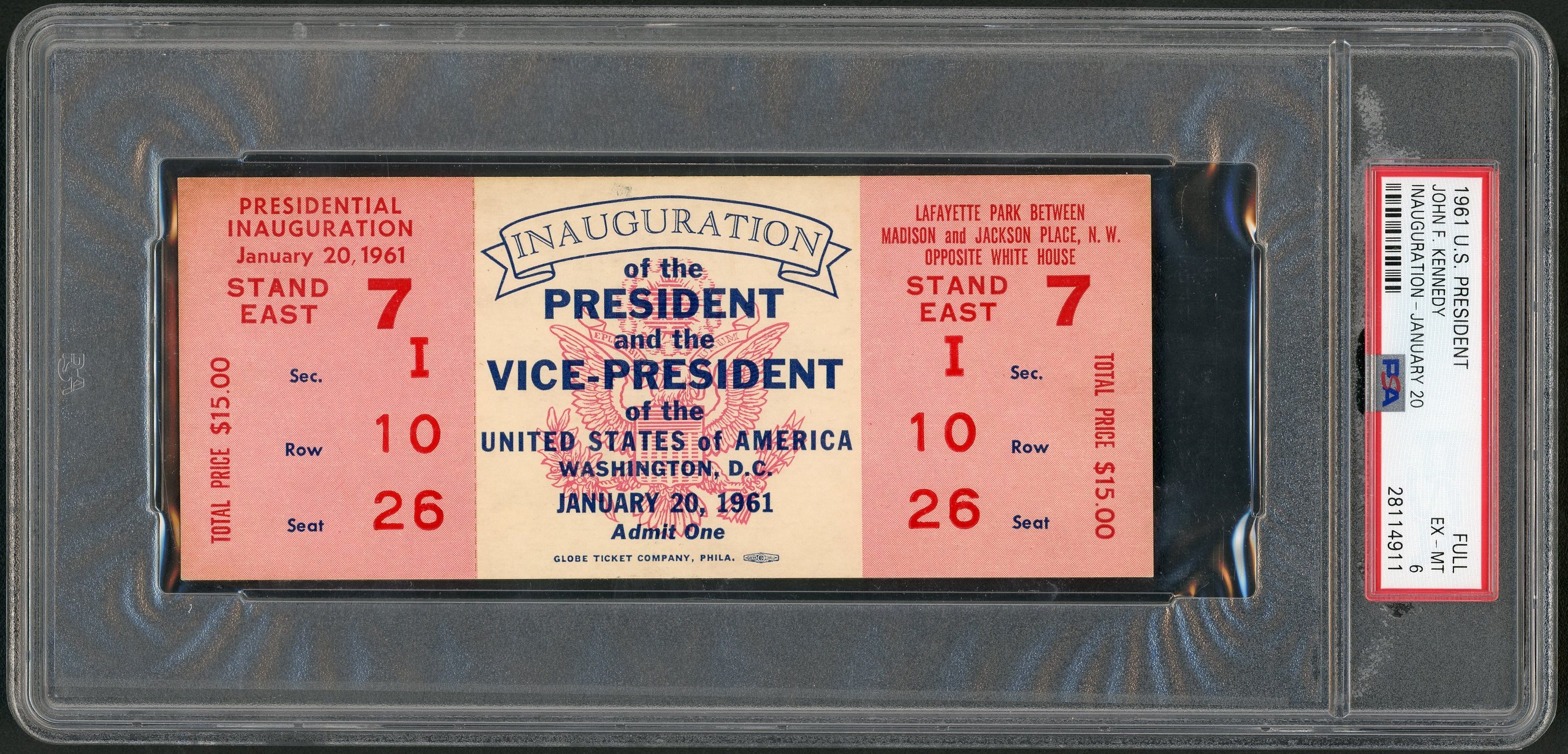 Tickets, Publications & Pins - 1961 U.S President John F. Kennedy Inauguration Full Ticket PSA 6