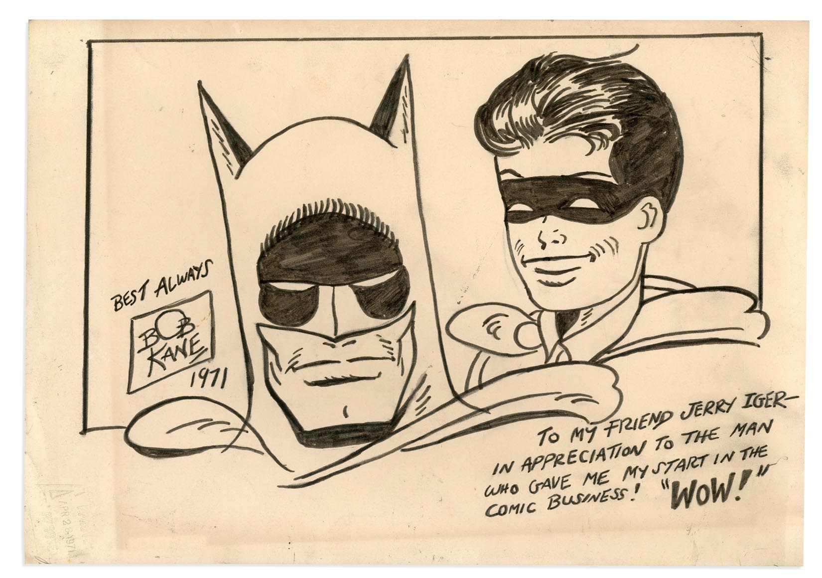 - 1971 Bob Kane "Batman" Original Art to Jerry Iger (PSA)