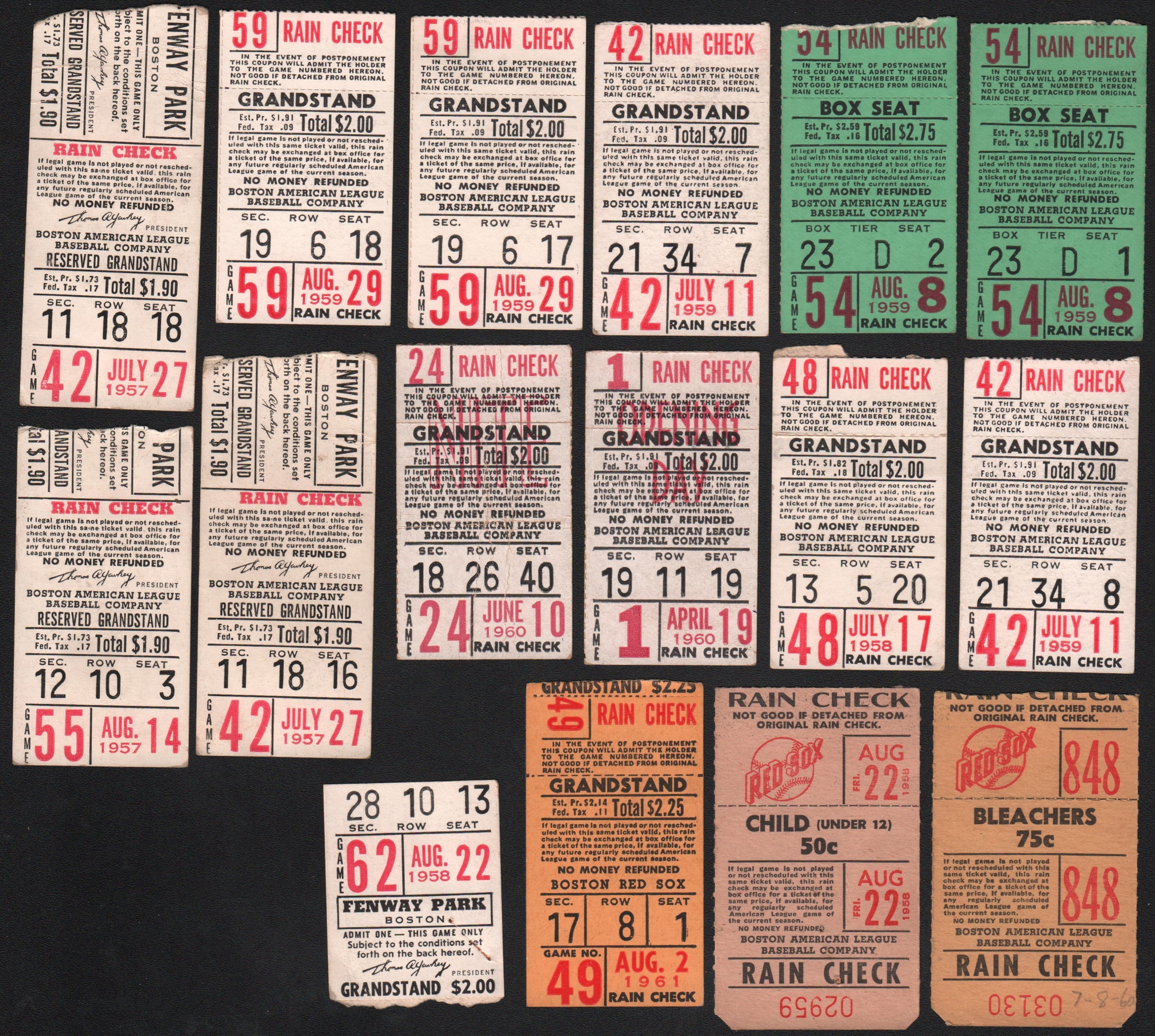 1957-61 Boston Red Sox Tickets w/Ted Williams Home Runs (16)