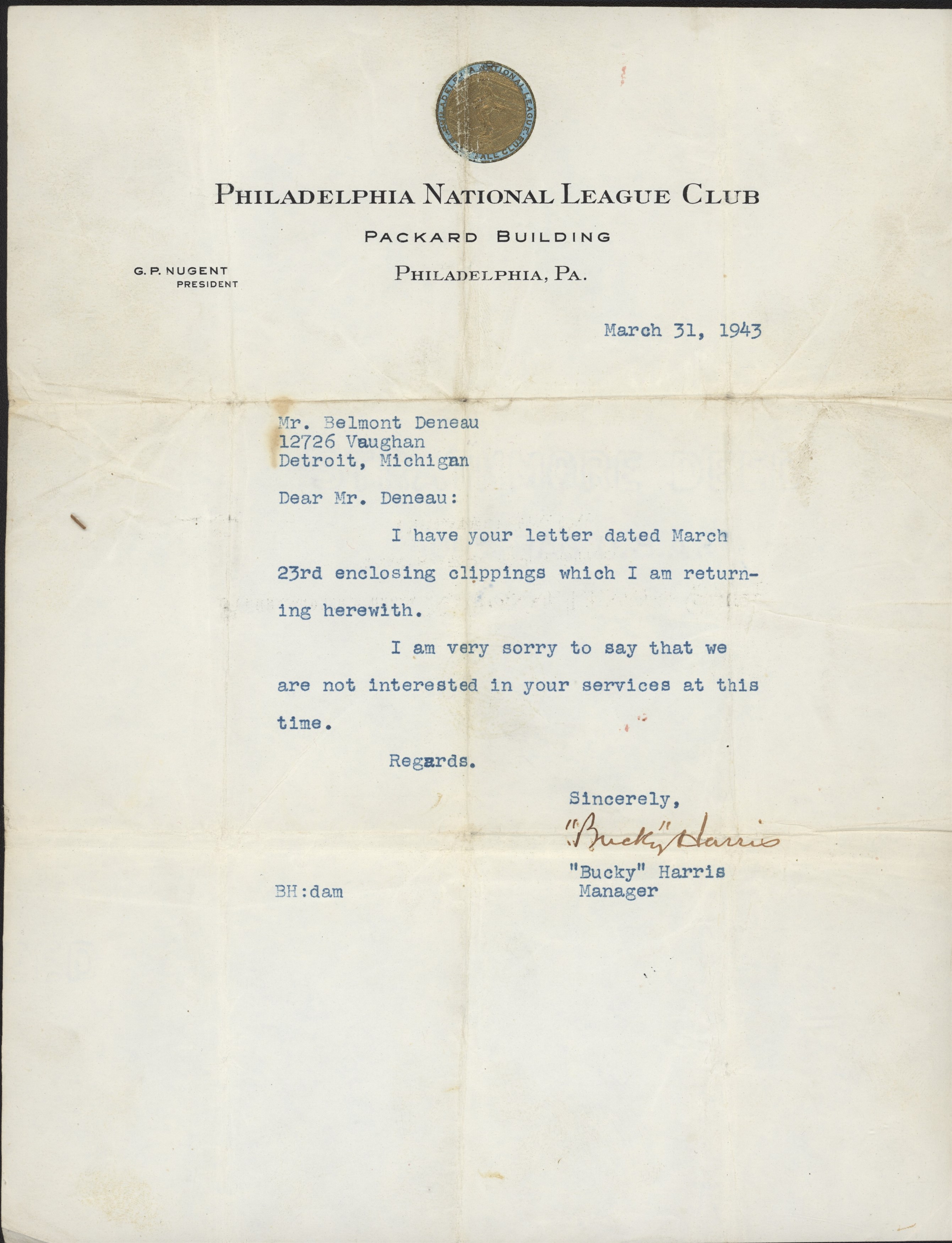 Baseball - 1934-43 HOF Letters on Vintage Stationary