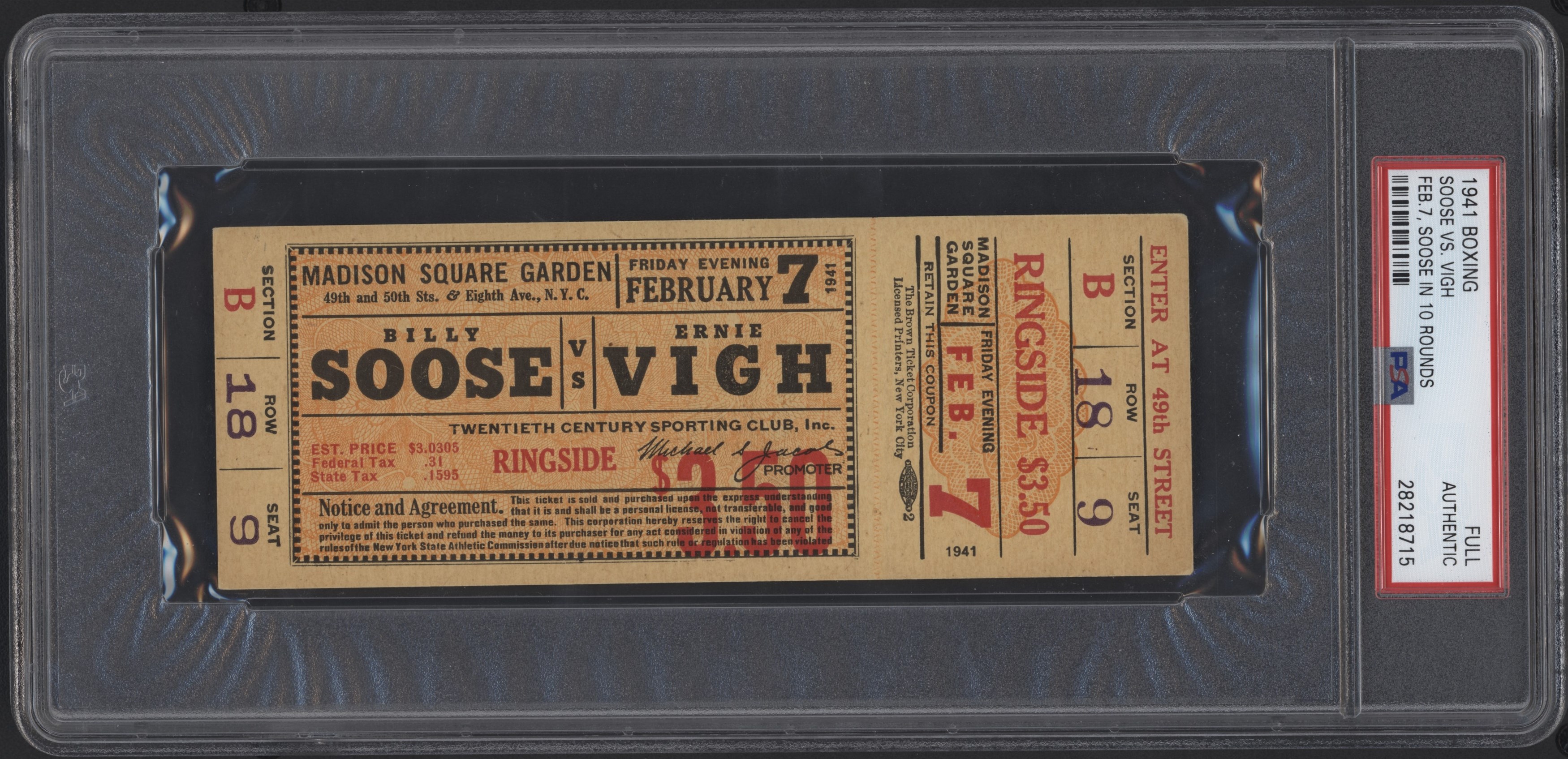 Tickets - 1941 Billy Soose vs. Ernie Vigh Full Ticket