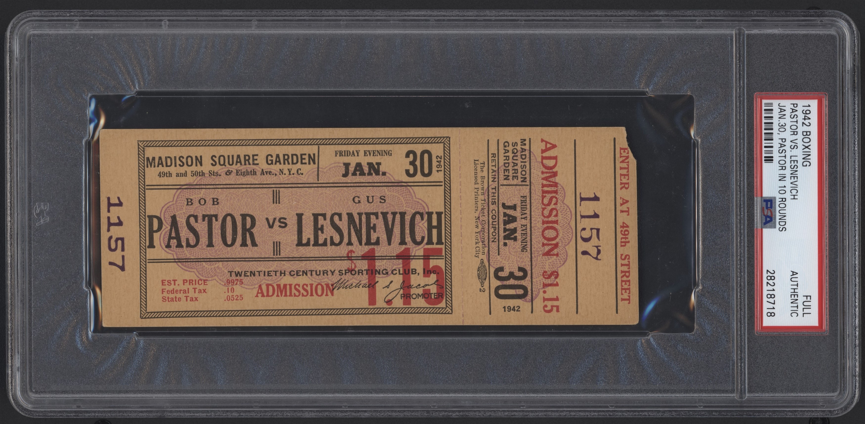 Tickets - Bob Pastor vs. Gus Lesnevich 1942 Fight Full Ticket