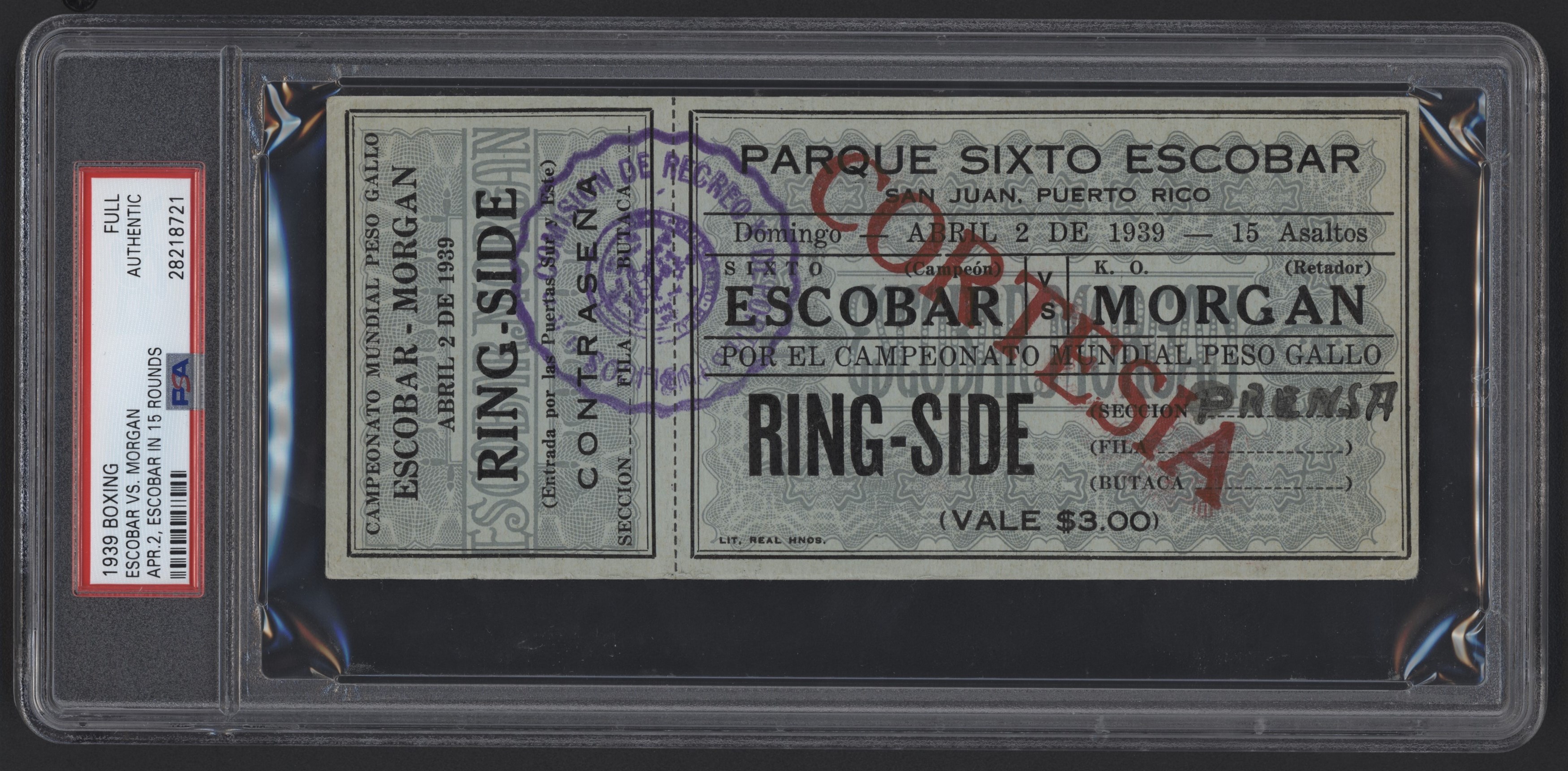 Tickets - 1939 Sixto Escobar vs. K.O. Morgan Full Ticket