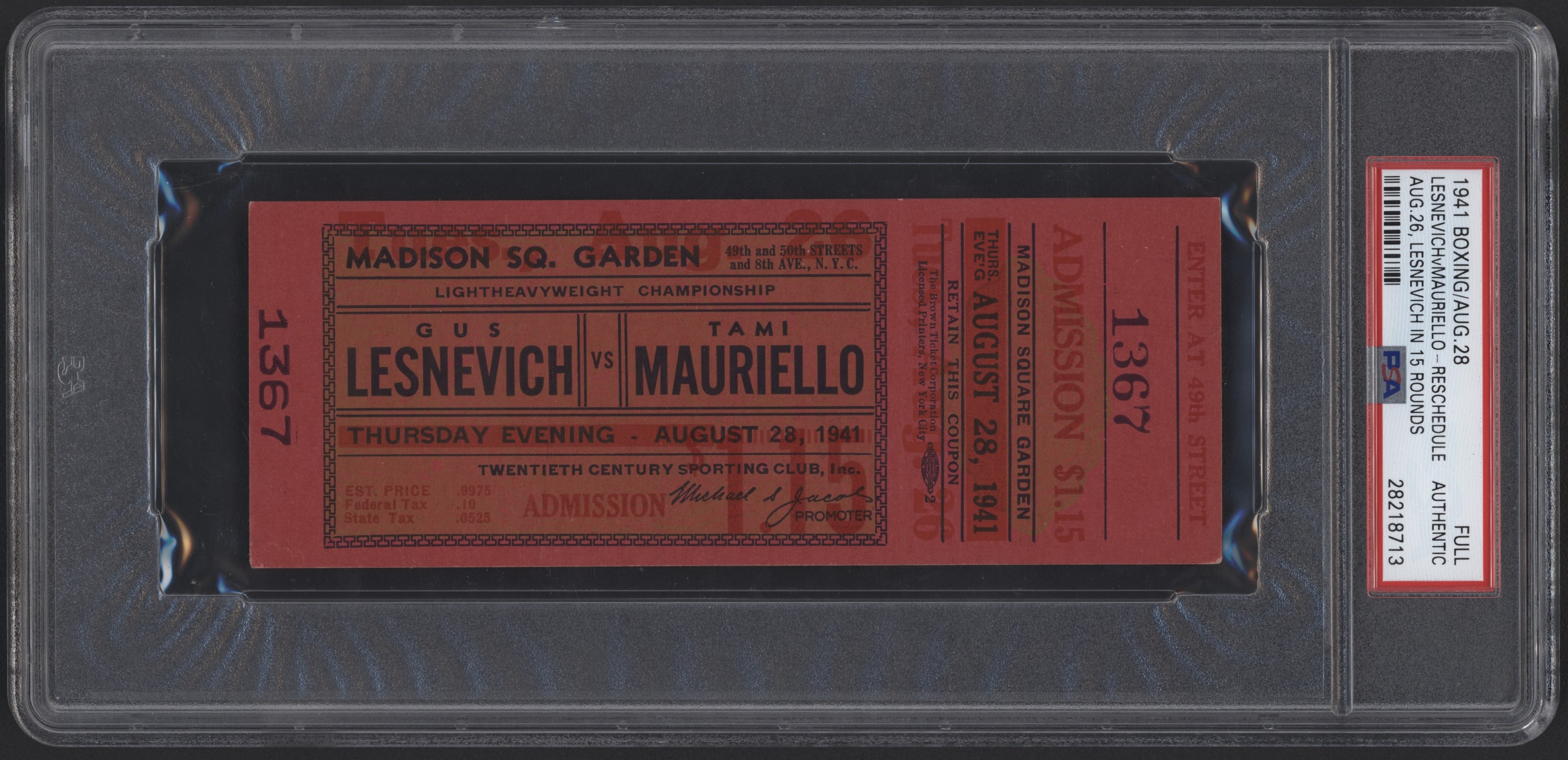 Tickets - 1941 Gus Lesnevich vs. Tami Mauriello Full Ticket