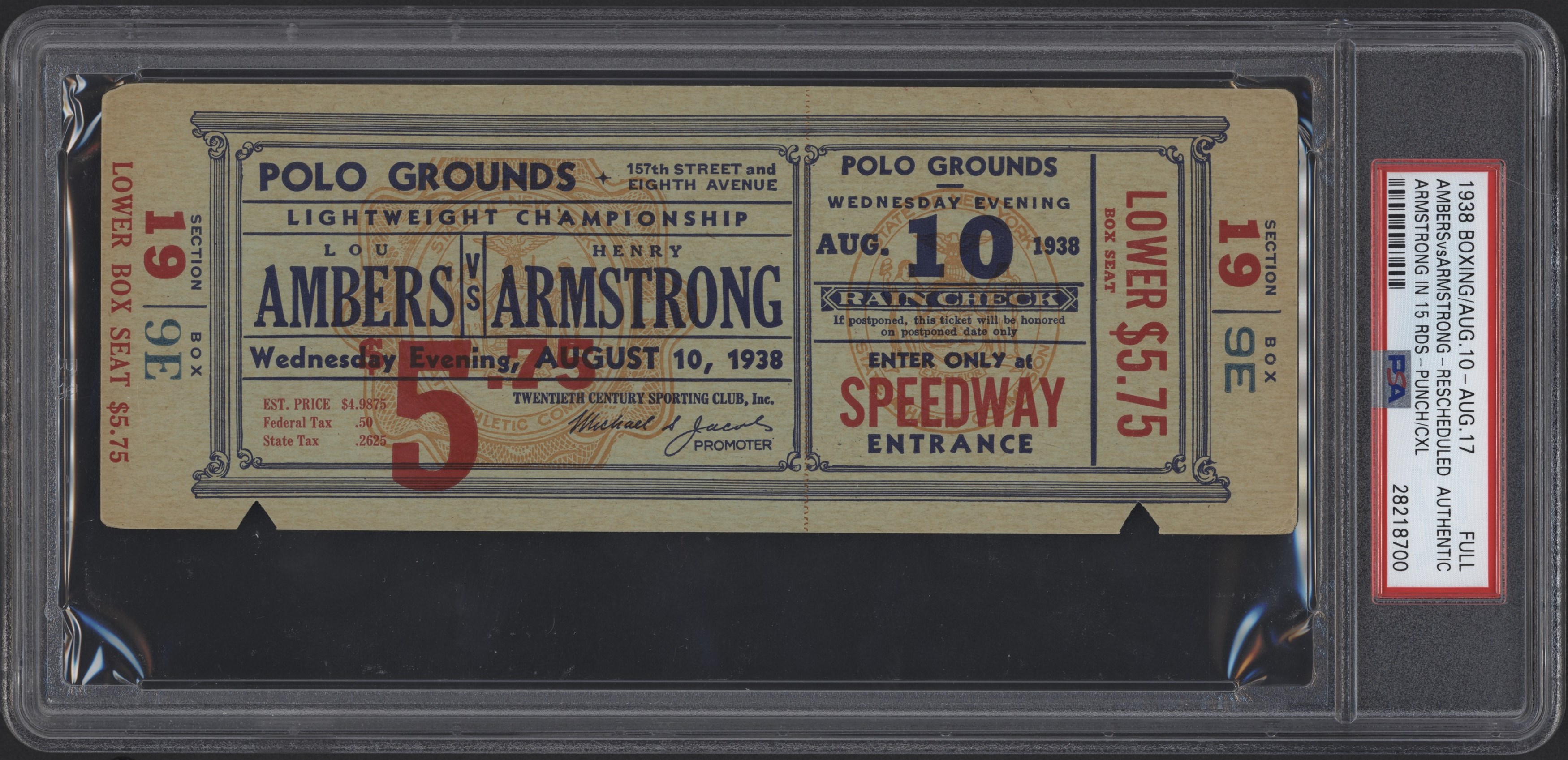 Tickets - 1938 Lou Ambers vs. Henry Armstrong Full Ticket
