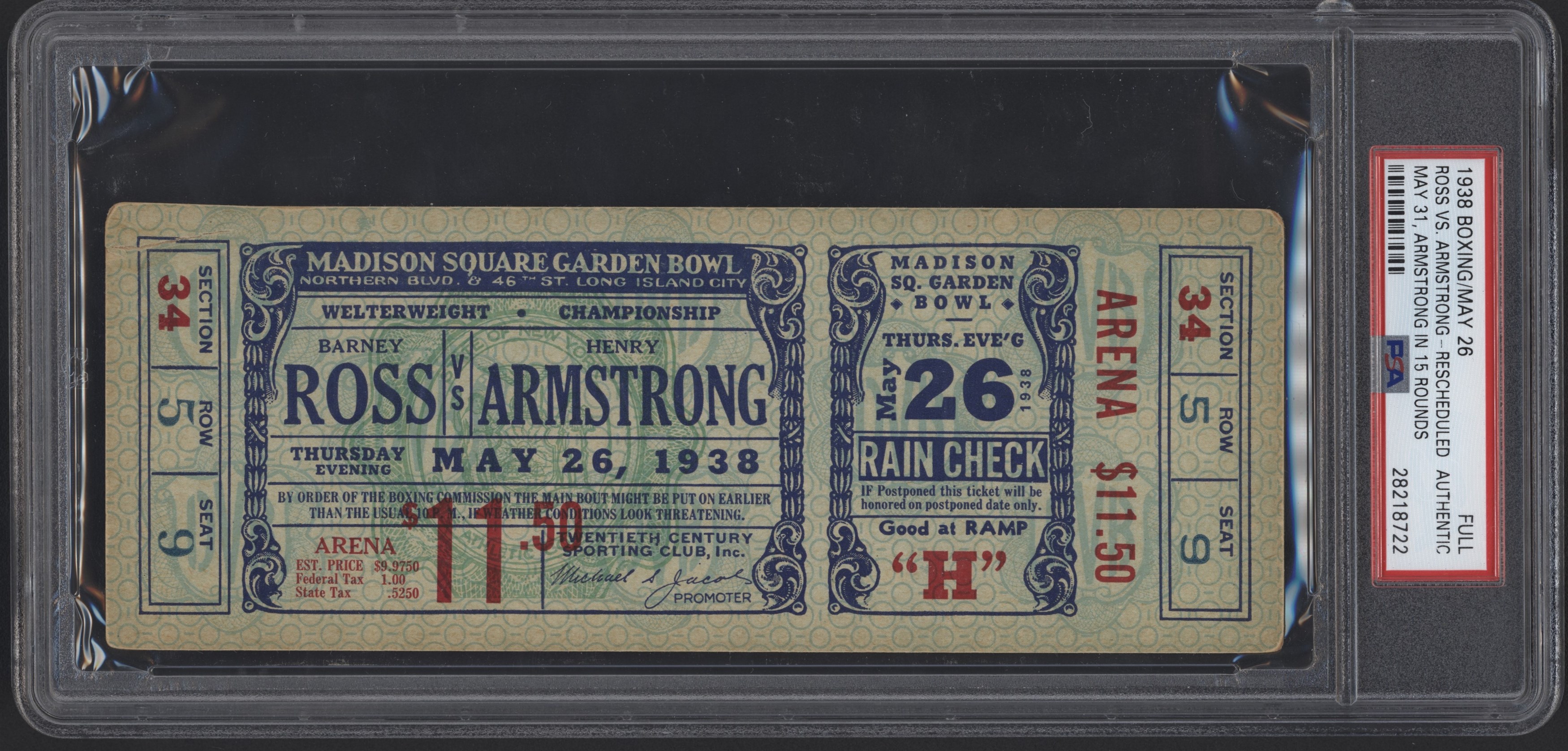 Tickets - 1938 Barney Ross vs. Henry Armstrong Full Ticket