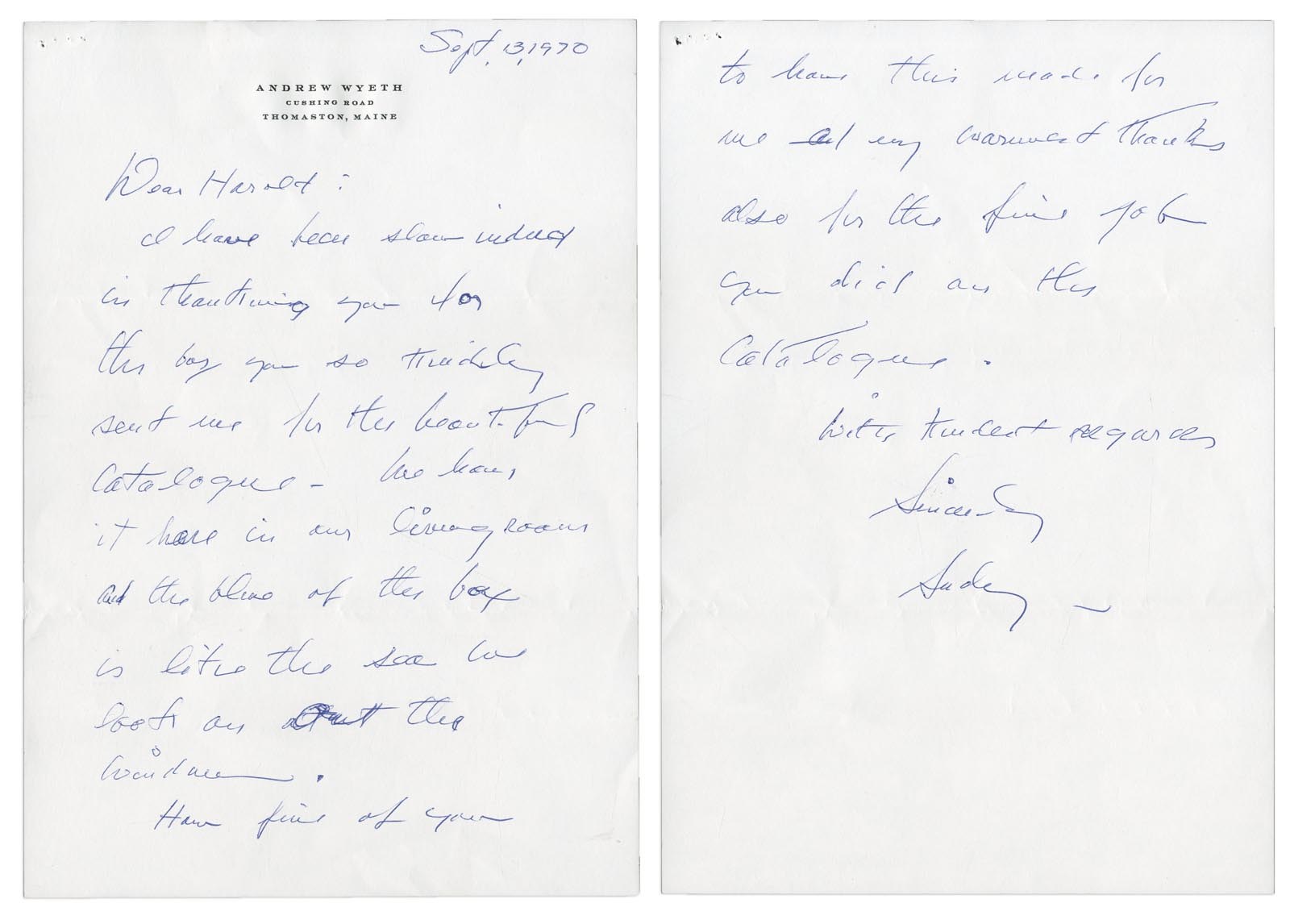 - 1970 Andrew Wyeth Handwritten Letter (PSA)